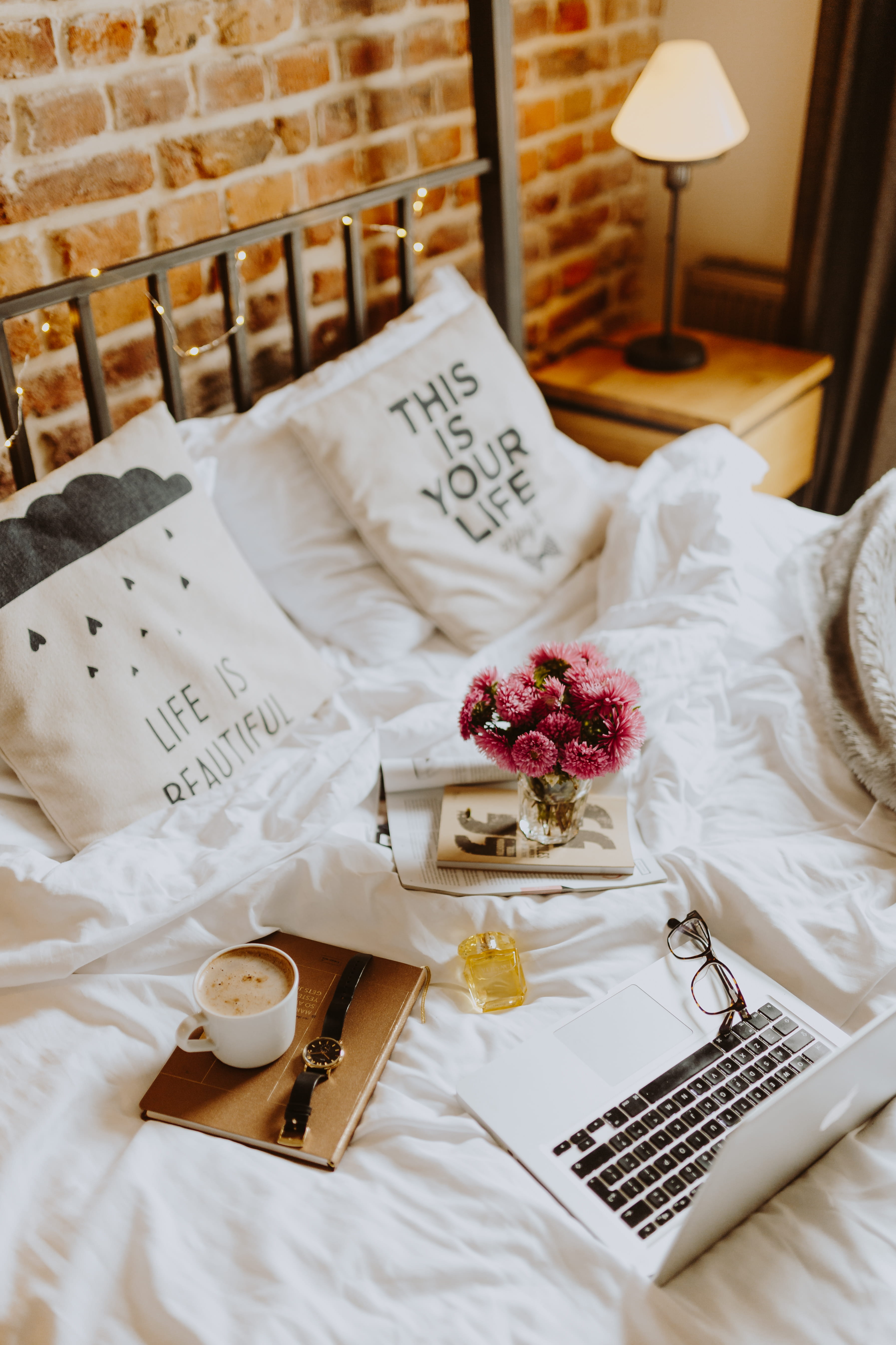 morning, drink, bed office, bricks, laptop, macbook pro, paper, technology, 5K, text, table, flowering plant, freshness, high angle view, interior, working, Phone HD Wallpaper