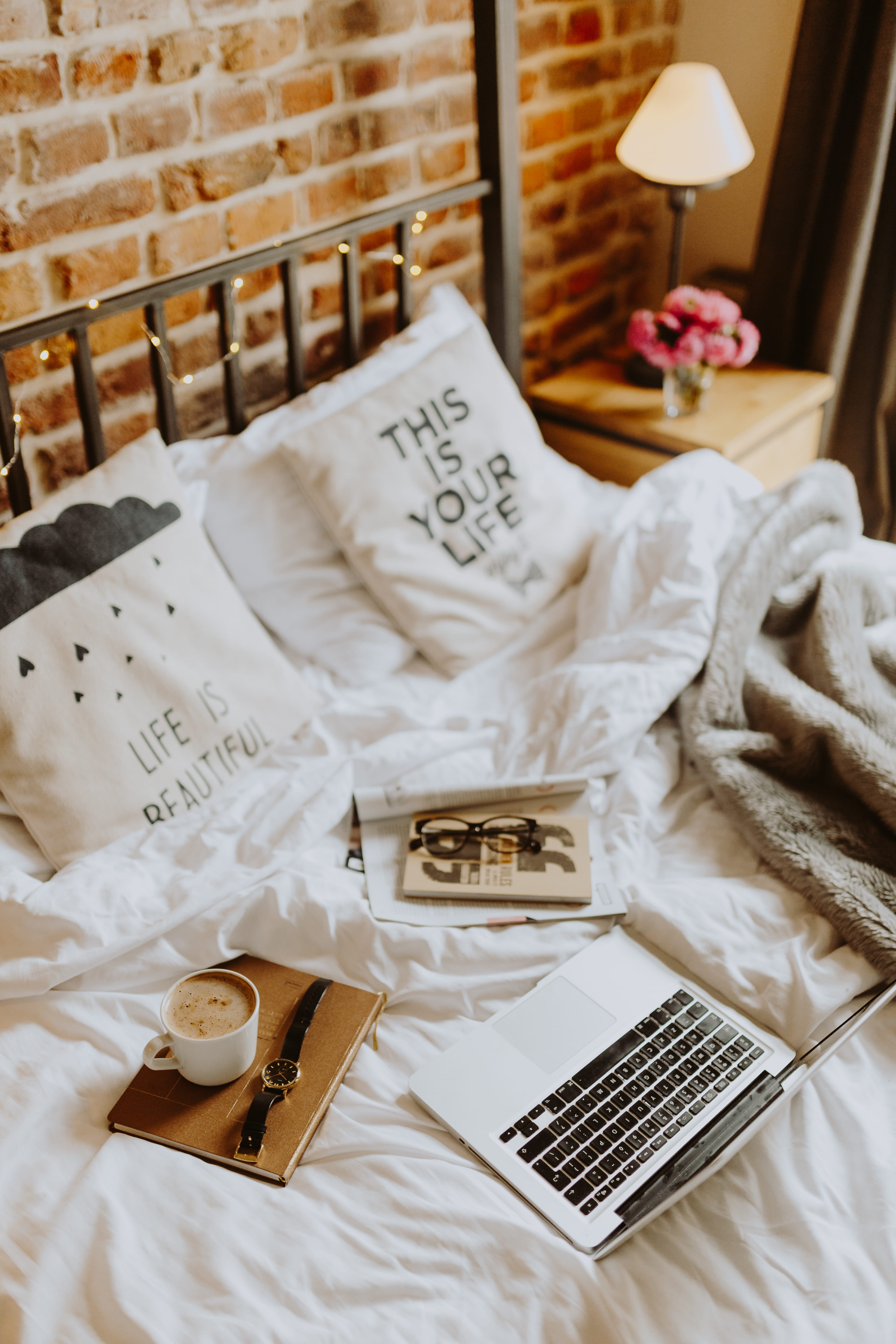 wireless technology, furniture, indoors, bricks, home, communication, brick wall, connection, text, macbook pro, paper, morning, bed, home office, tray, Phone HD Wallpaper