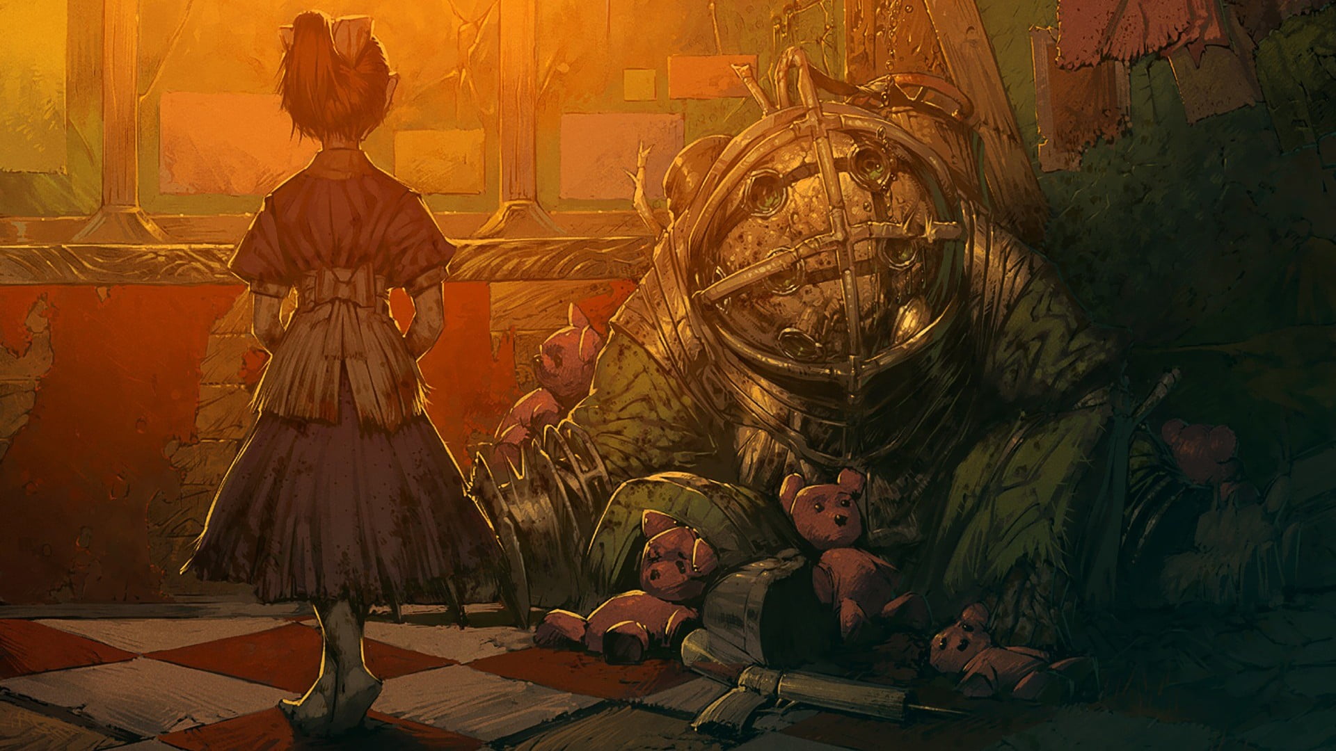 toys, men, standing, adult, people, front, representation, video games, child, human representation, love, full length, woman, Big Daddy, BioShock, childhood, HD Wallpaper