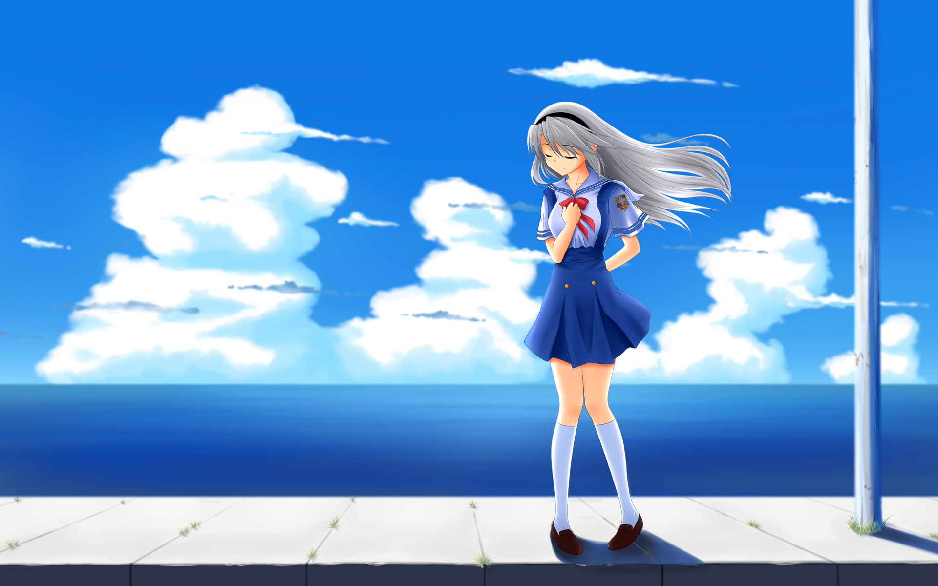 one person, 1080P, Clannad, nature, blue, Sakagami Tomoyo, beauty, standing, cloud - sky, horizon over water, women, sky, outdoors, anime, adult, young adult, HD Wallpaper