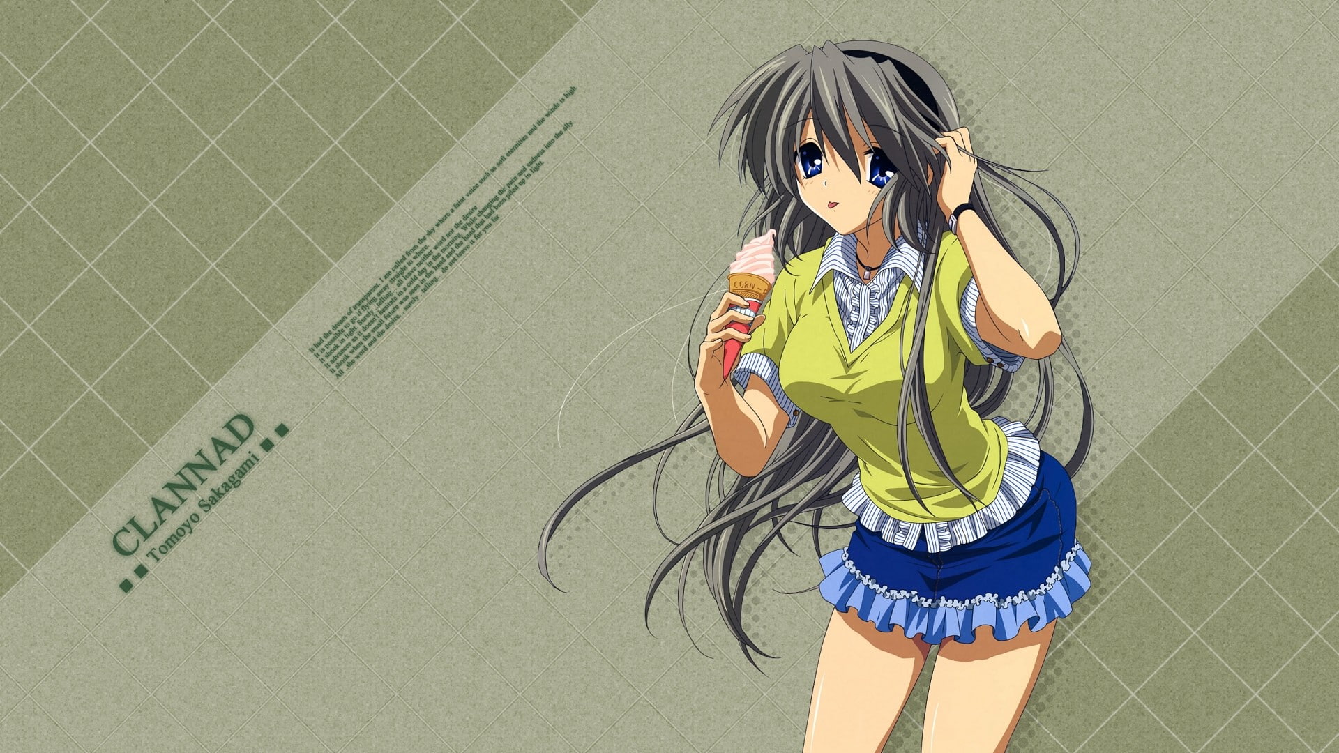 casual clothing, three quarter length, anime, high angle view, innocence, women, 1080P, ice cream, females, child, front view, glasses, girls, Sakagami Tomoyo, HD Wallpaper