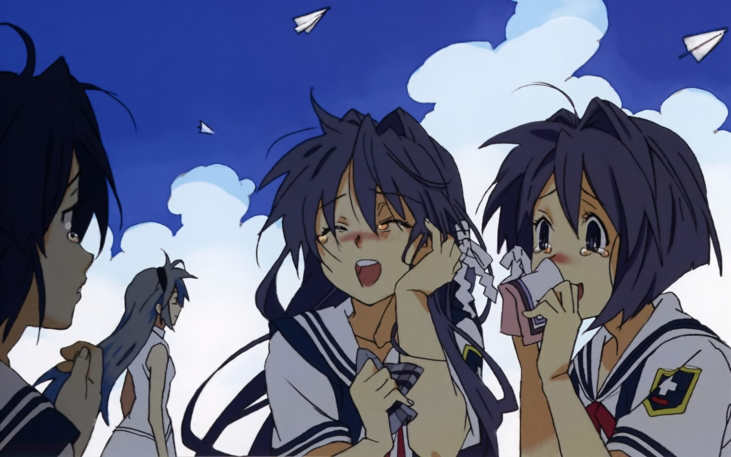 sunlight, sky, Fujibayashi Ryou, Sakagami Tomoyo, vertebrate, anime girls, nature, no people, Clannad, outdoors, Fujibayashi Kyou, creativity, low angle view, HD Wallpaper