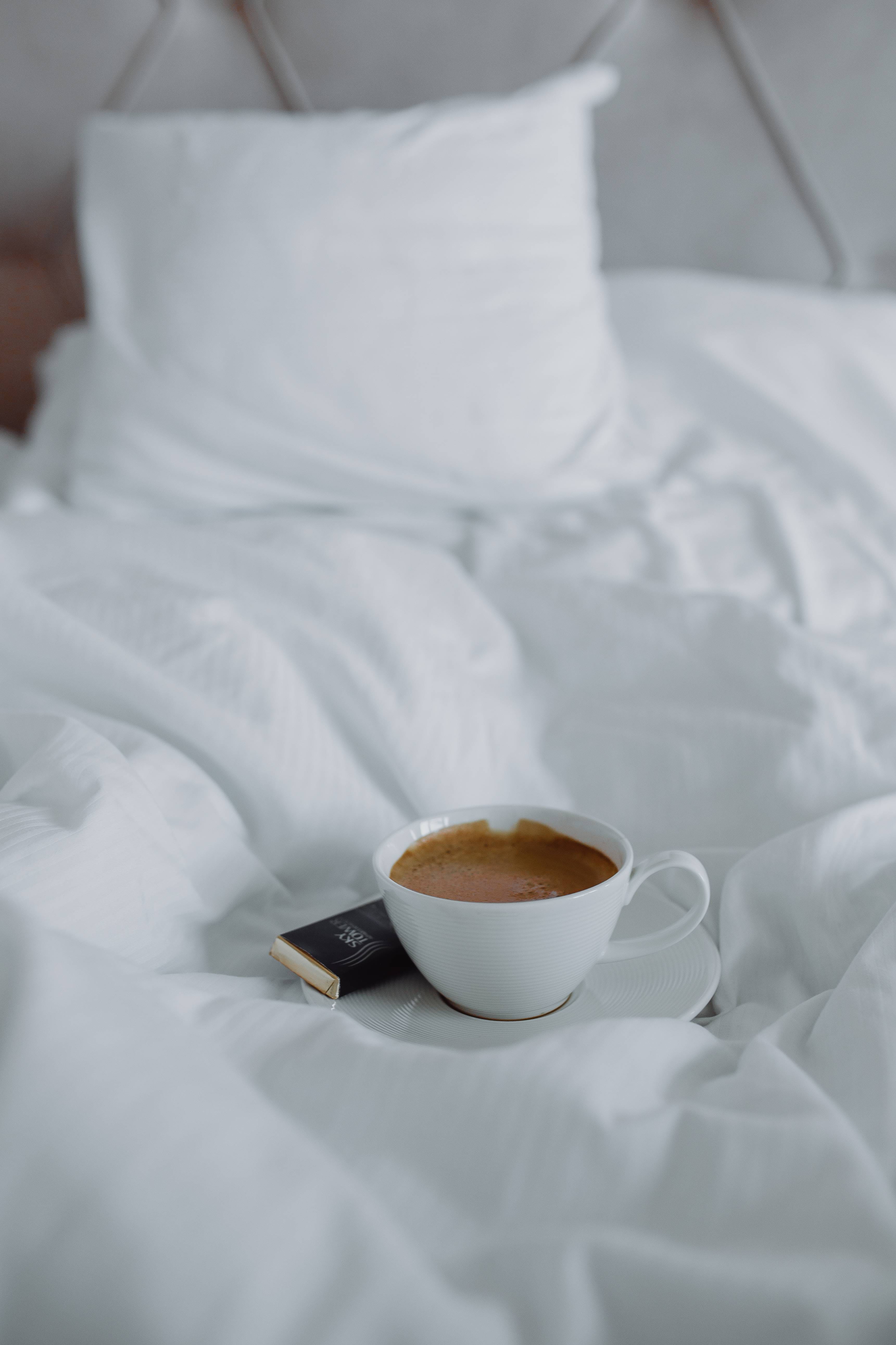 in bed, indoors, hot drink, bed, coffee cup, freshness, tea, 5K, drink, morning, food, cup, white color, mug, coffee, refreshment, coffee - Drink, saucer, Phone HD Wallpaper