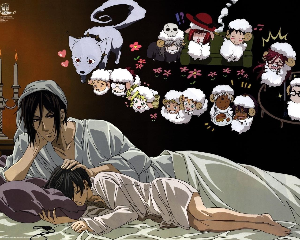 Sleep, Pajamas, Kuroshitsuji, Boy, Tenderness, 720P, illuminated, decoration, adult, female likeness, women, Girl, lifestyles, large group of objects, HD Wallpaper