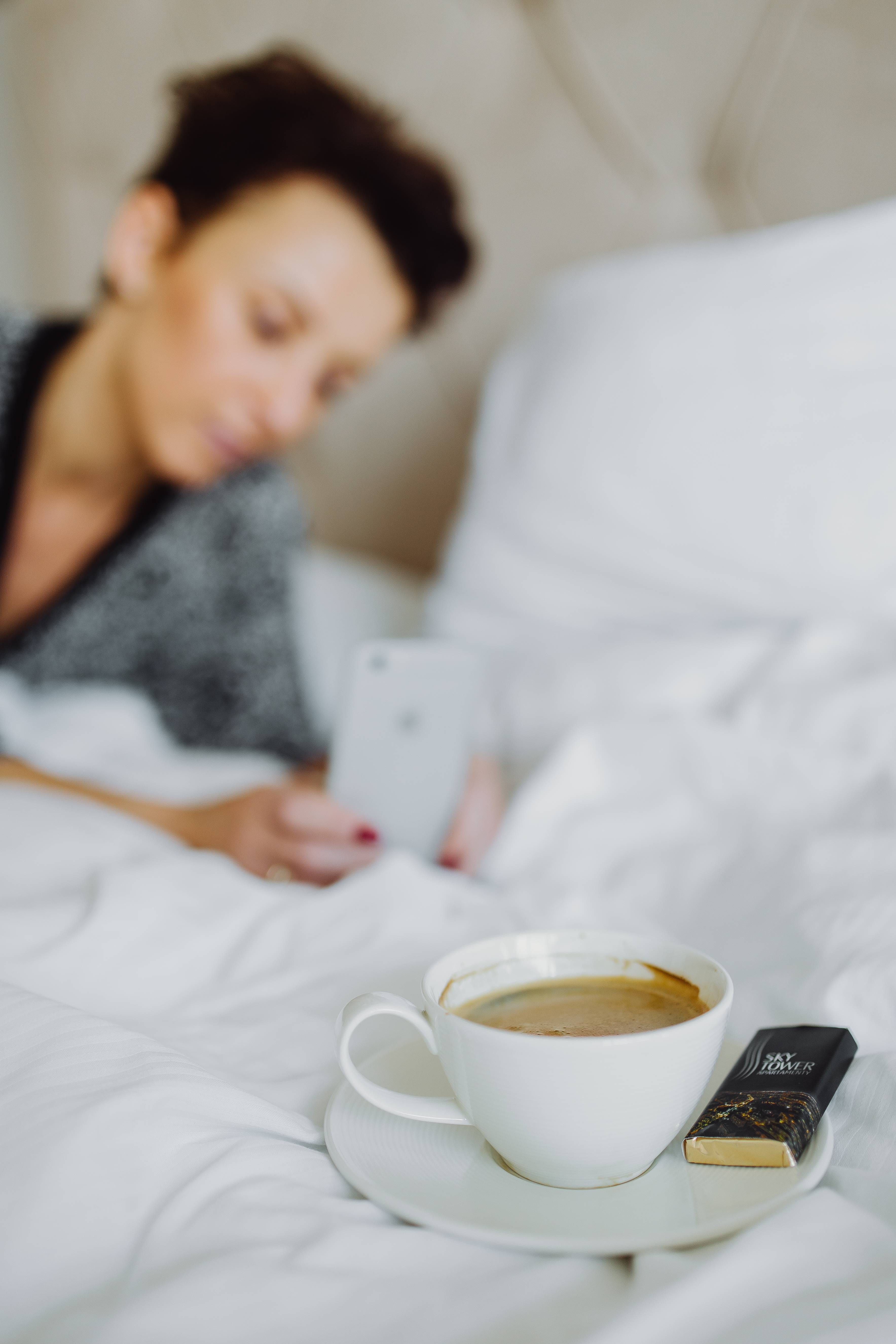 resting, mug, bedroom, chocolate, relaxation, lying down, cup, white, crockery, pajamas, adult, caucasian Ethnicity, people, coffee, one Person, indoors, Phone HD Wallpaper