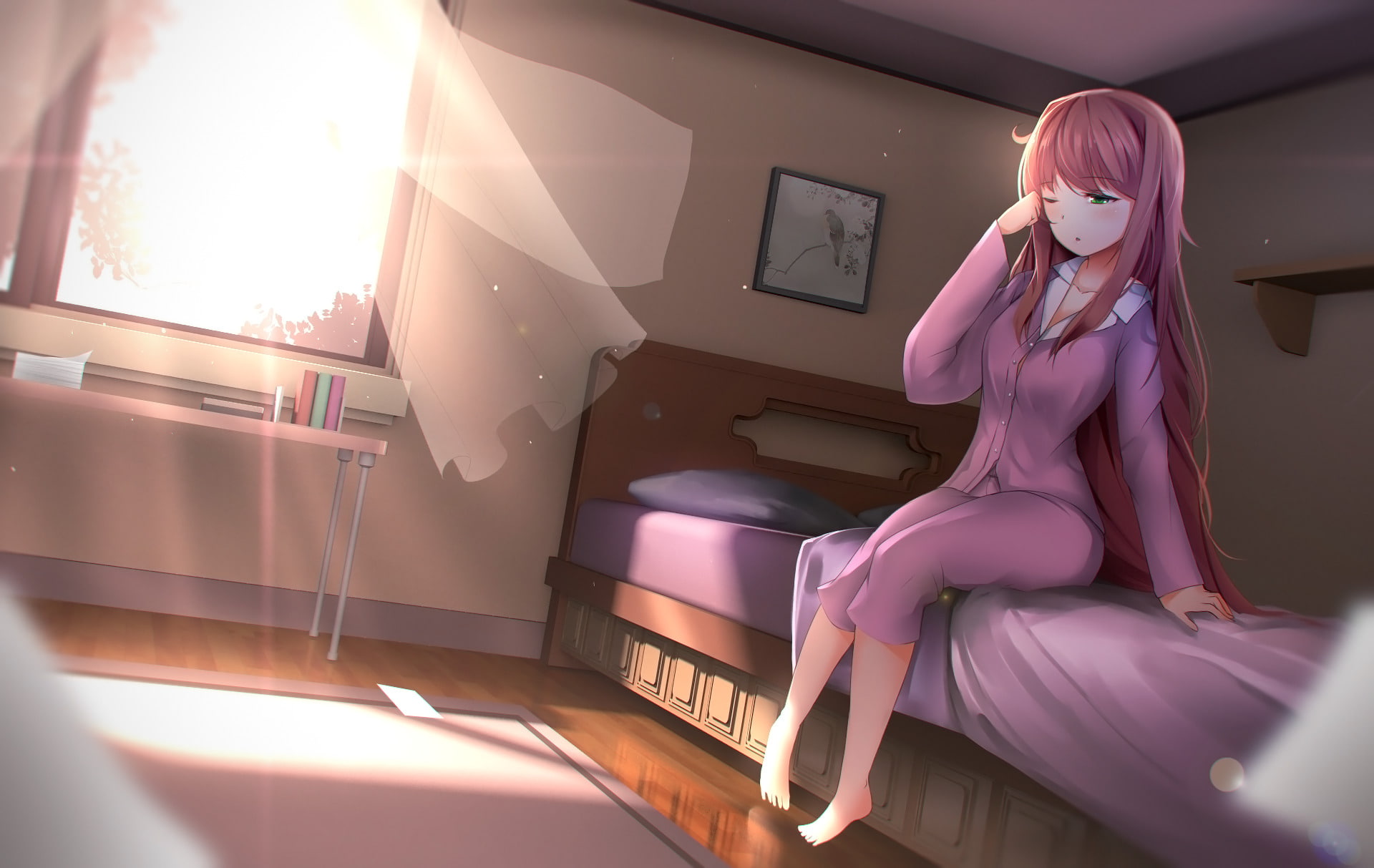 Bedroom, Doki Doki Literature Club!, Video Game, Desk, Morning, Bed, 1080P, Monika (Doki Doki Literature Club!), Long Hair, Pajamas, Green Eyes, HD Wallpaper