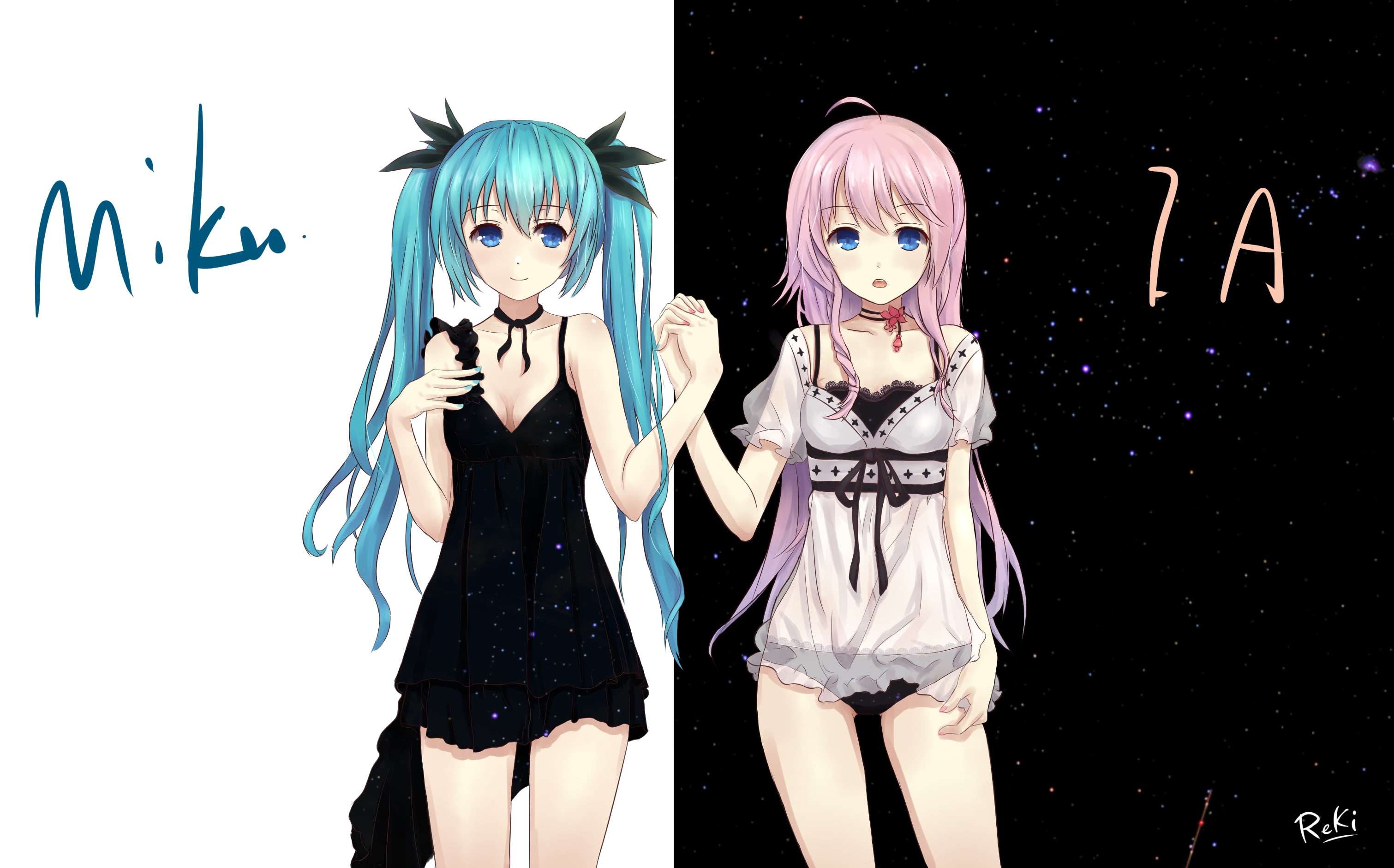 girls, vocaloid, reki, artist, 2K, twintails, aqua, hair, pajamas, hatsune, long, pink, miku, HD Wallpaper
