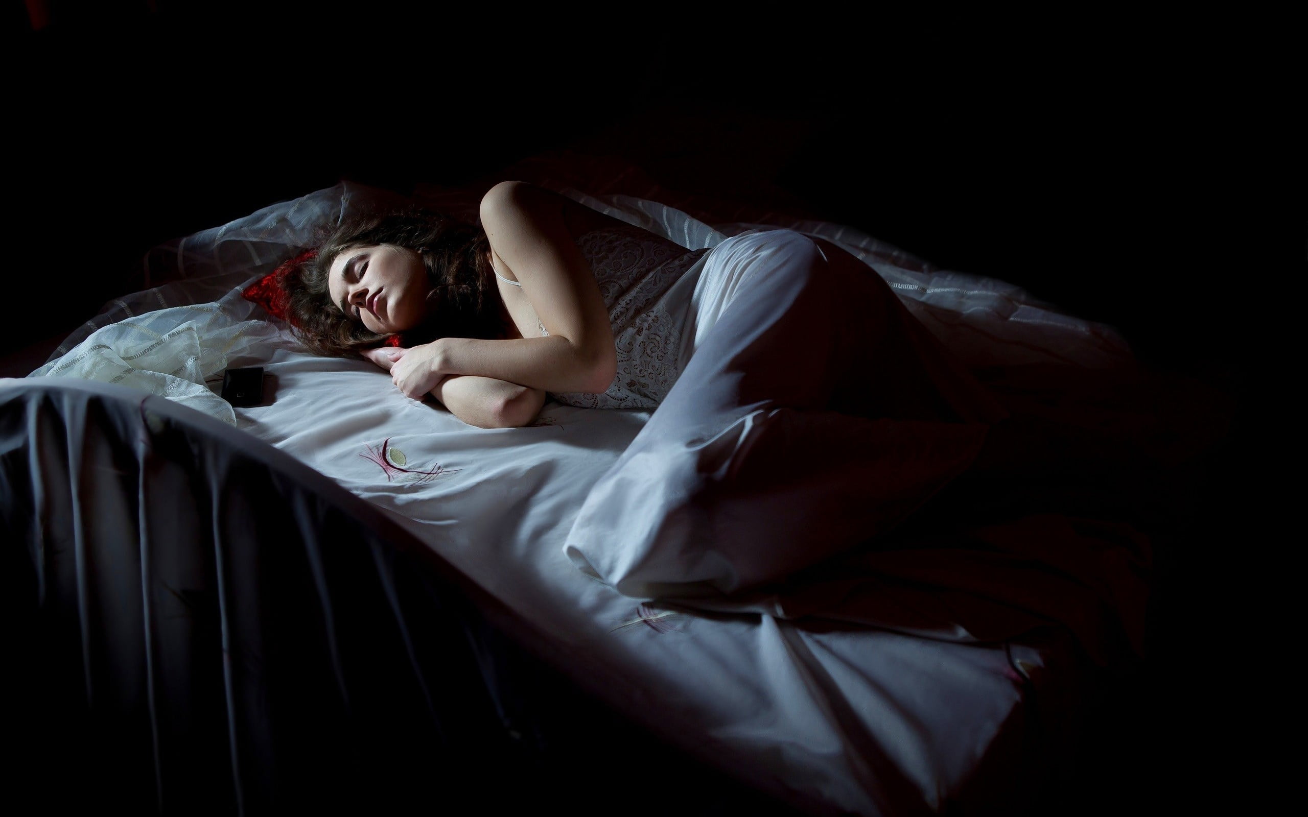 sheet, white dress, closed eyes, textile, emotion, women, bedding, dark, young adult, contemplation, indoors, white, young women, black background, adult, HD Wallpaper