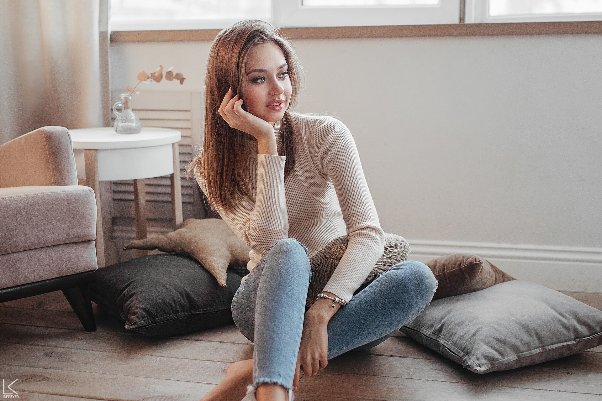 jeans, Polina Kostyuk, pillow, looking away, sitting, straight hair, women, blue eyes, brunette, model, sweater, barefoot, Sergey Freyer, 1080P, HD Wallpaper