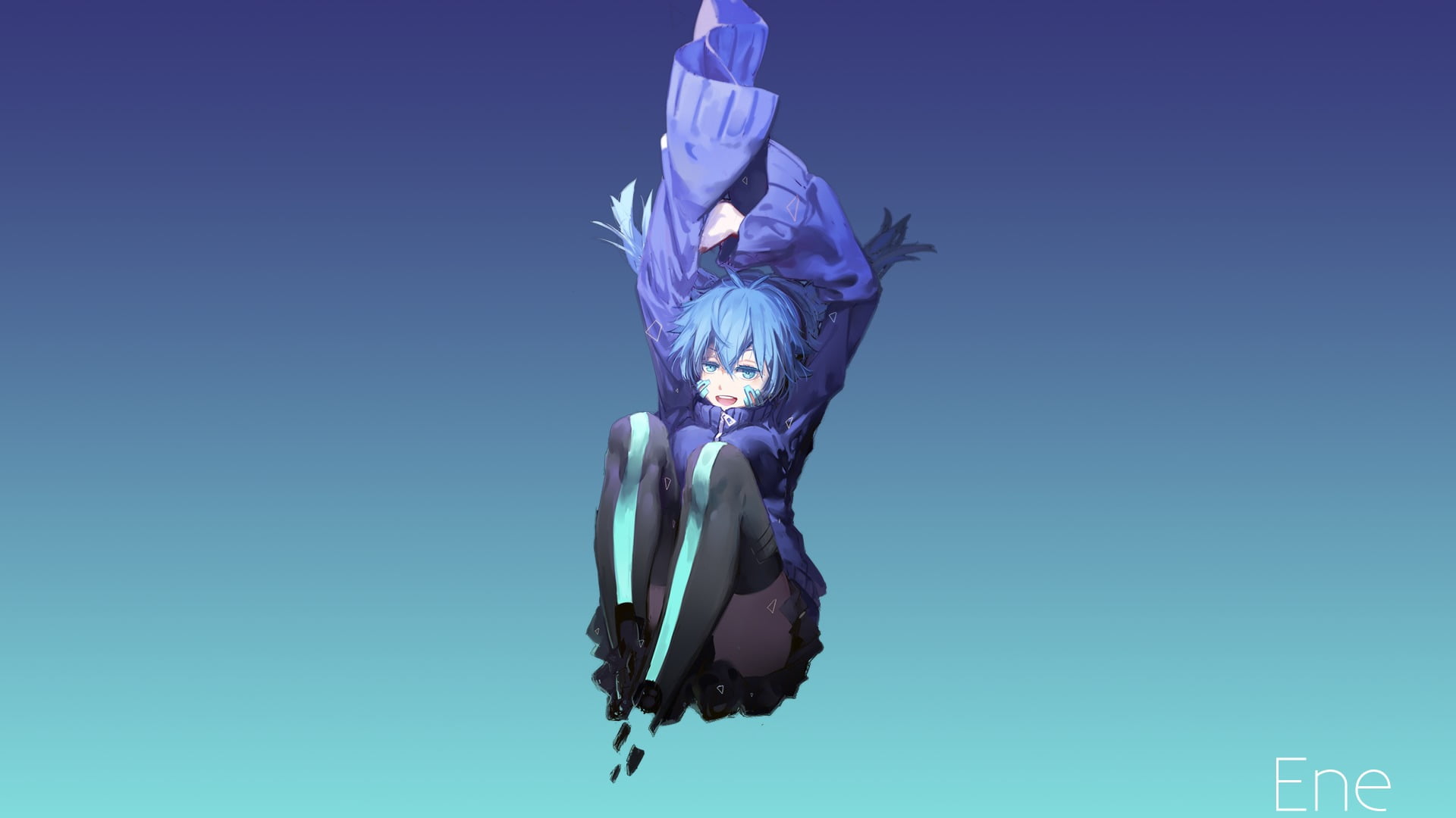 anime girls, digital composite, flowering plant, copy space, clothing, full length, one person, colored background, mid-air, 1080P, blue background, flower, HD Wallpaper