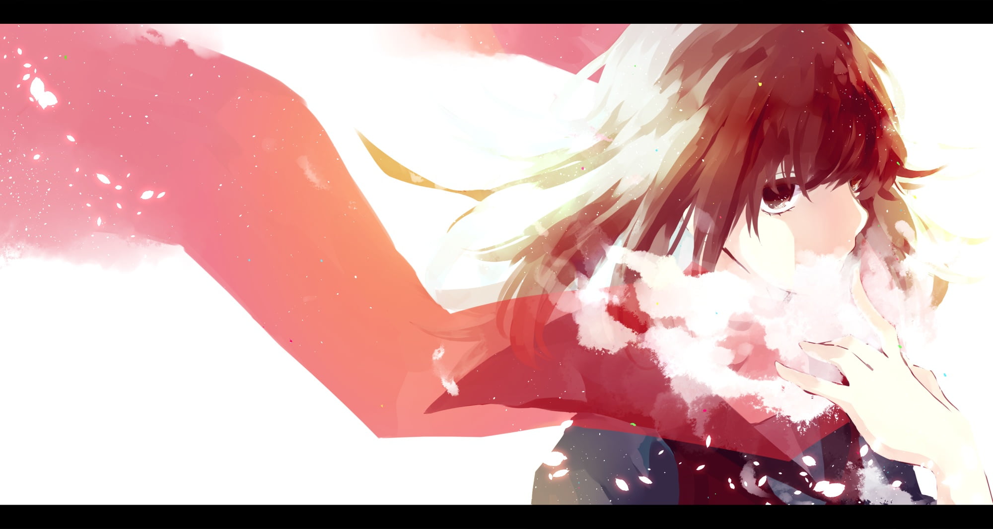 women, red, nature, young adult, day, transfer print, scarf, hairstyle, outdoors, real people, anime, low angle view, anime girls, close-up, hair, Tateyama Ayano, HD Wallpaper