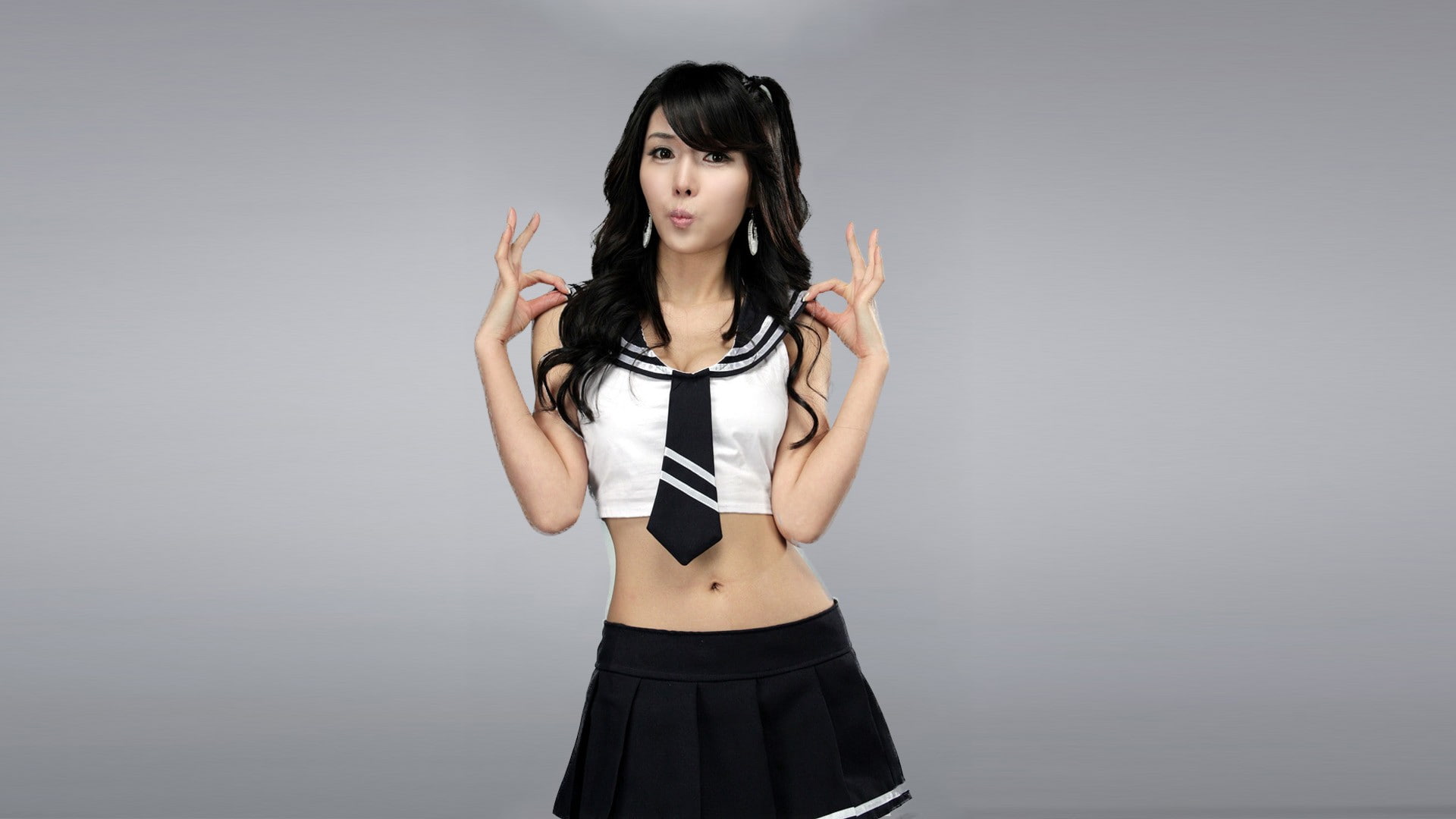 brunette, short tops, tie, schoolgirl, 1080P, simple background, Asian, miniskirt, HD Wallpaper