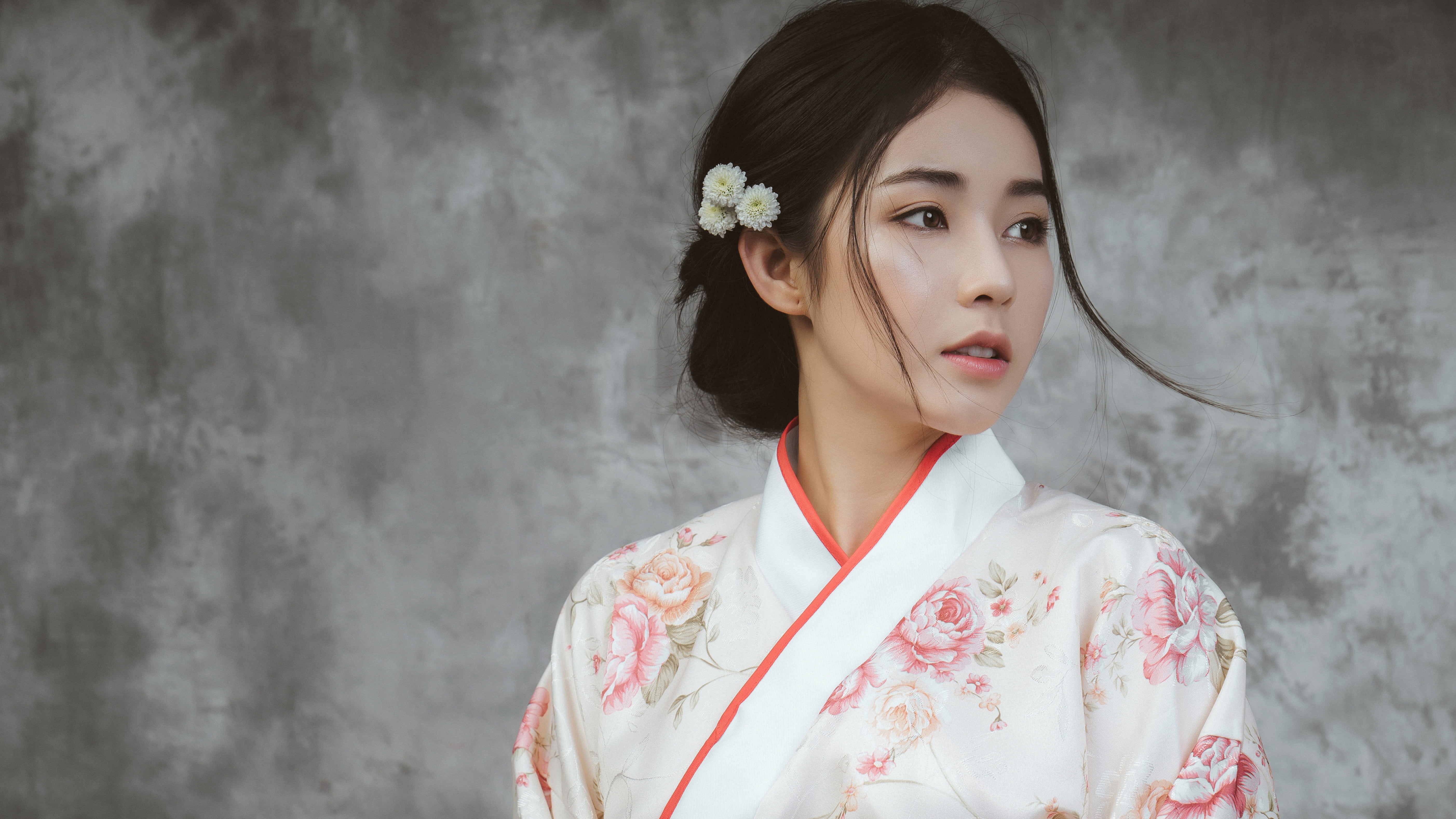 cute, style, portrait, brunette, wall, beautiful, kimono, 5K, background, Asian, hairstyle, look, young, grey background, girl, flowers, HD Wallpaper