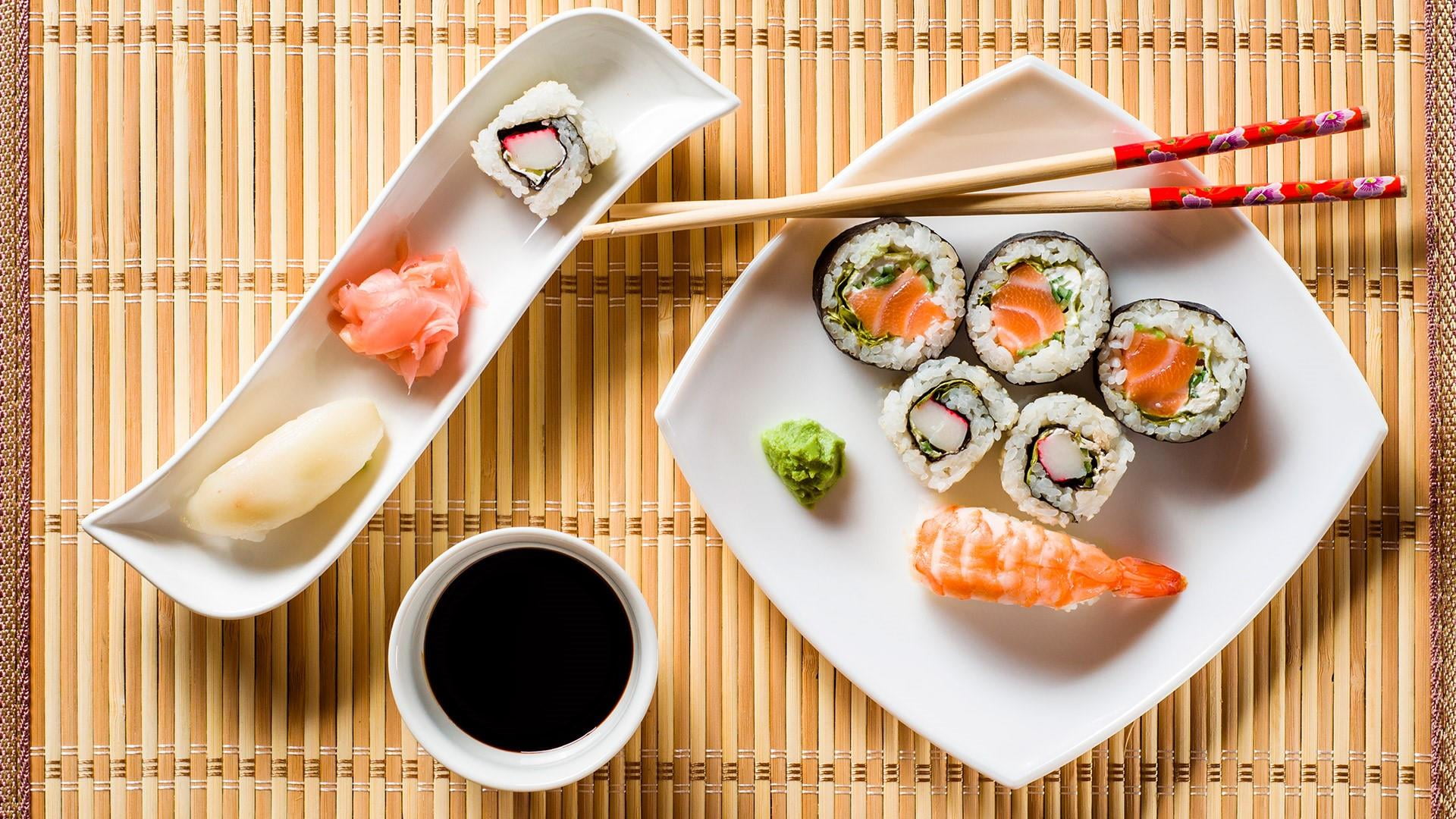 ready-to-eat, seafood, no people, place mat, soy sauce, chinese food, japanese food, sushi, freshness, uramaki, japanese, chopsticks, sauce, chinese sticks, HD Wallpaper