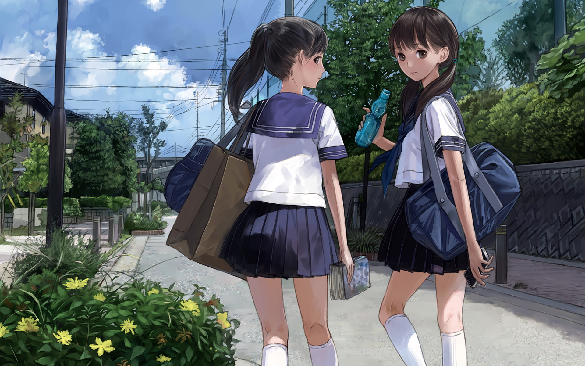 form, 1080P, young Adult, anime, smiling, Schoolgirls, haired, walking, backpack, bottle, education, teenage Girls, summer, leisure activity, cheerful, HD Wallpaper