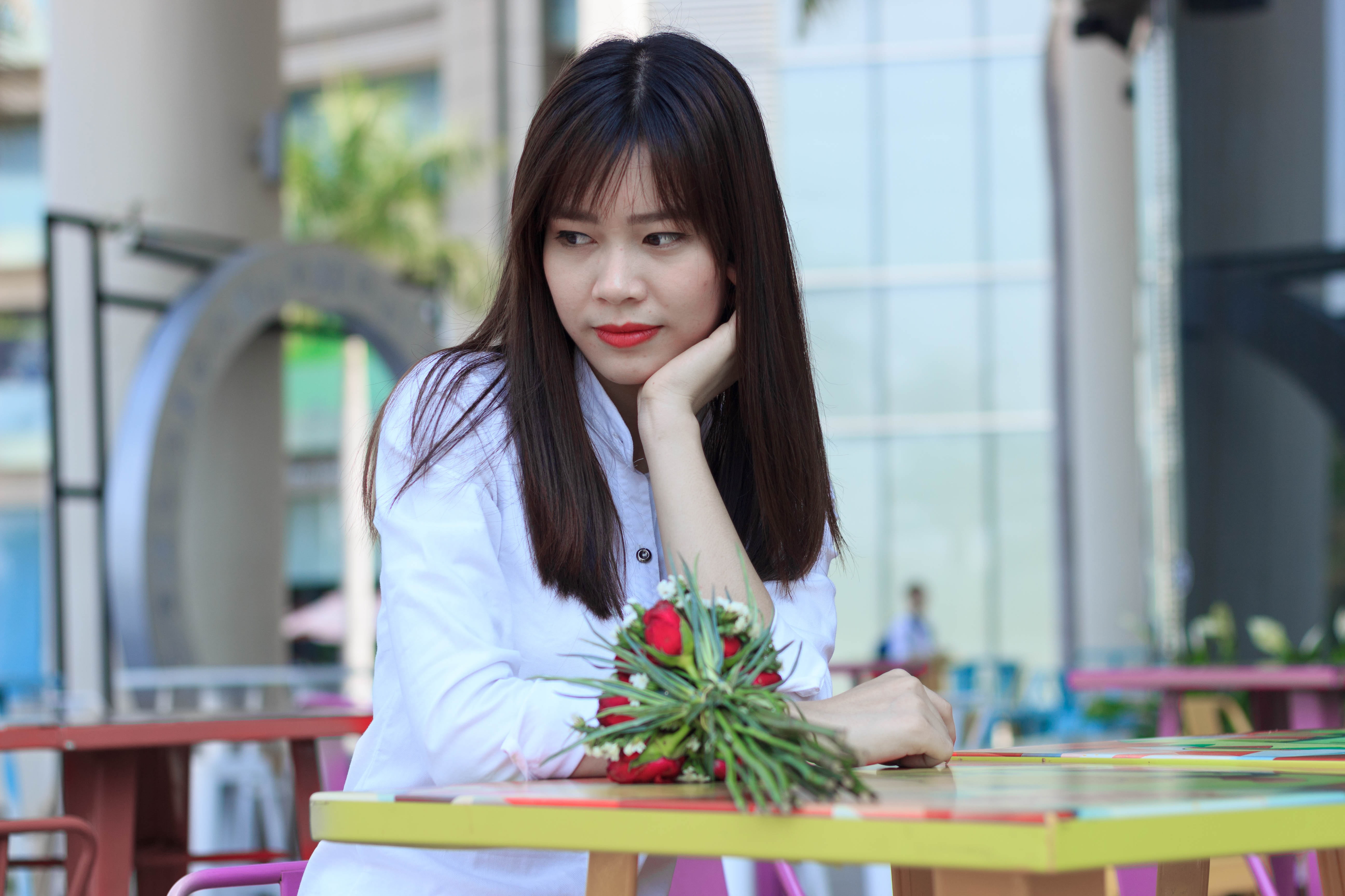 flower, long hair, beauty, cute, one Person, headshot, portrait, woman, hairstyle, plant, person, asian, bangs, makeup, casual clothing, girl, front view, HD Wallpaper
