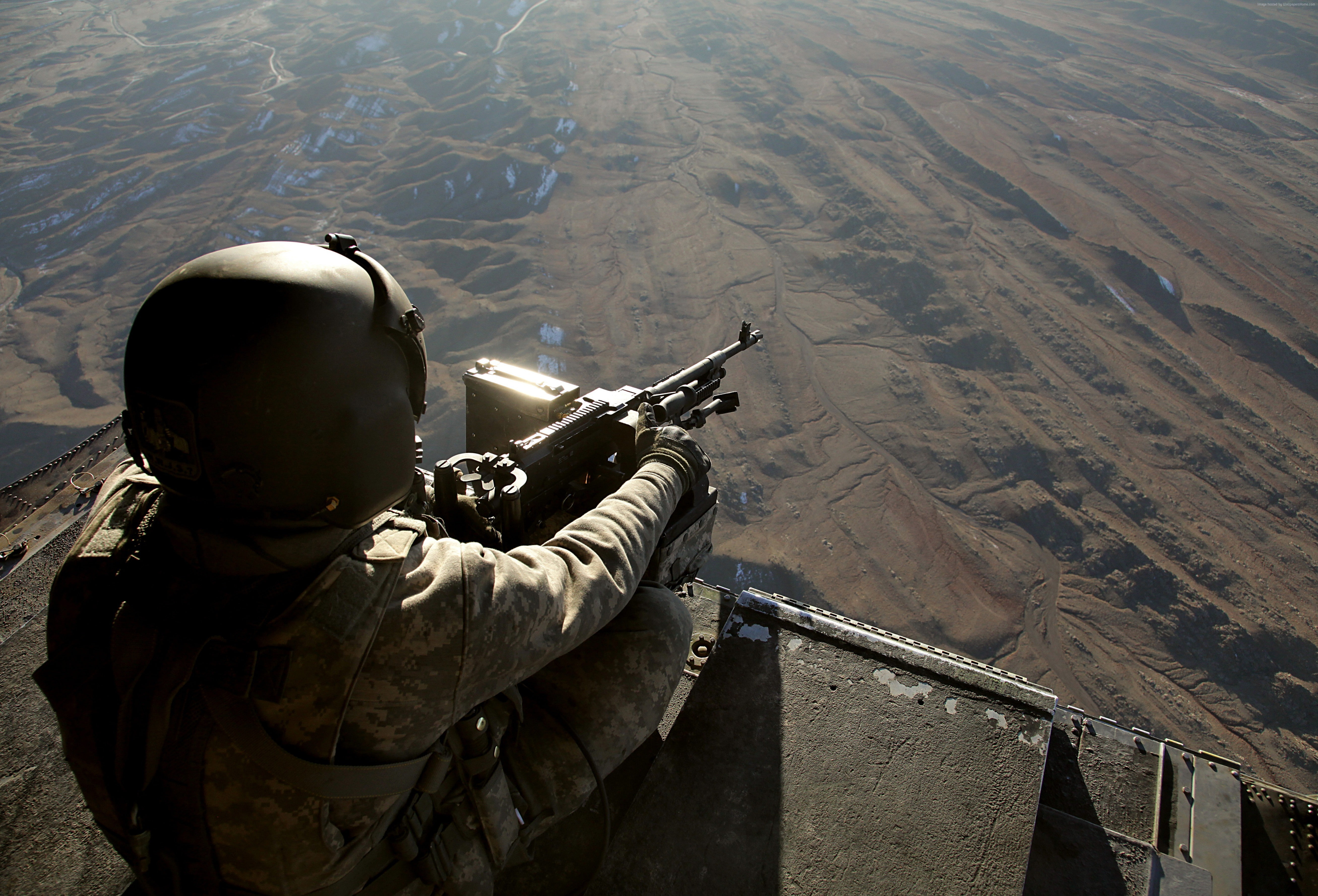 day, soldier, armed forces, gunner, one person, machine gun, holding, U.S. Army, military, air vehicle, high angle view, CH-47, outdoors, waist up, clothing, HD Wallpaper