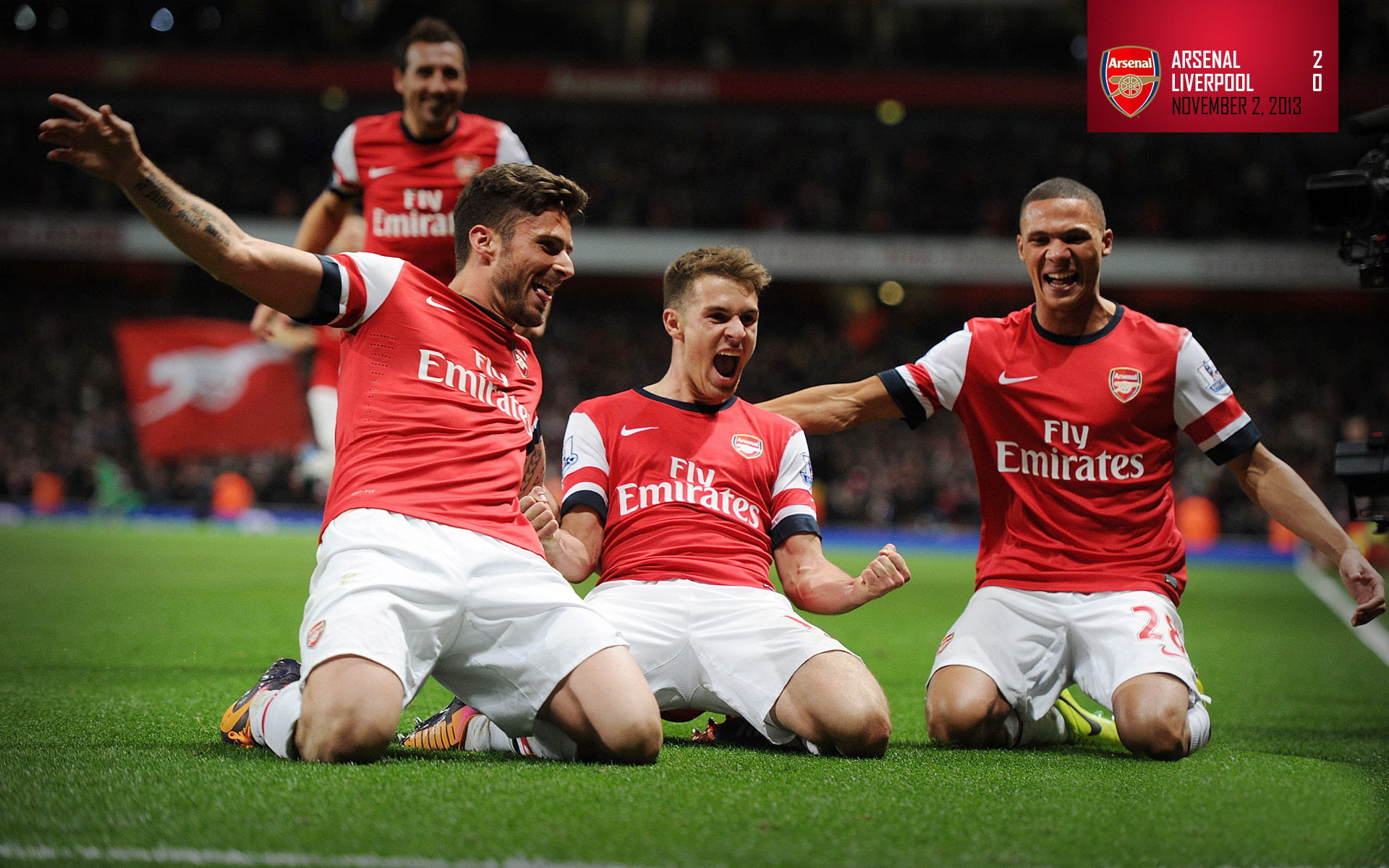 people, group of people, grass, sportsman, players, sports uniform, Aaron Ramsey, Kieran Gibbs, full length, competition, young men, team sport, tribune, HD Wallpaper