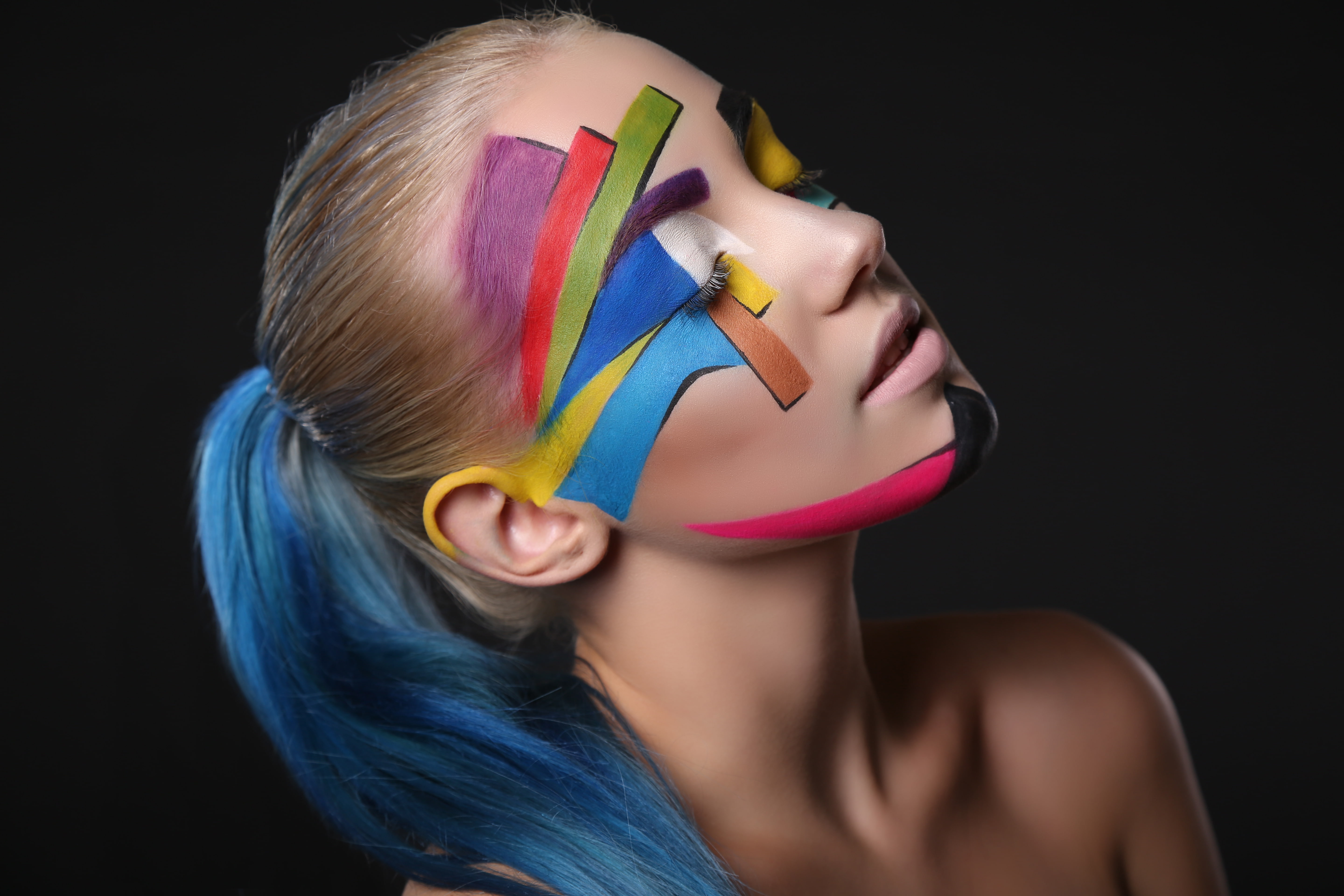 dyed hair, face, women, closed eyes, ponytail, body paint, 5K, HD Wallpaper