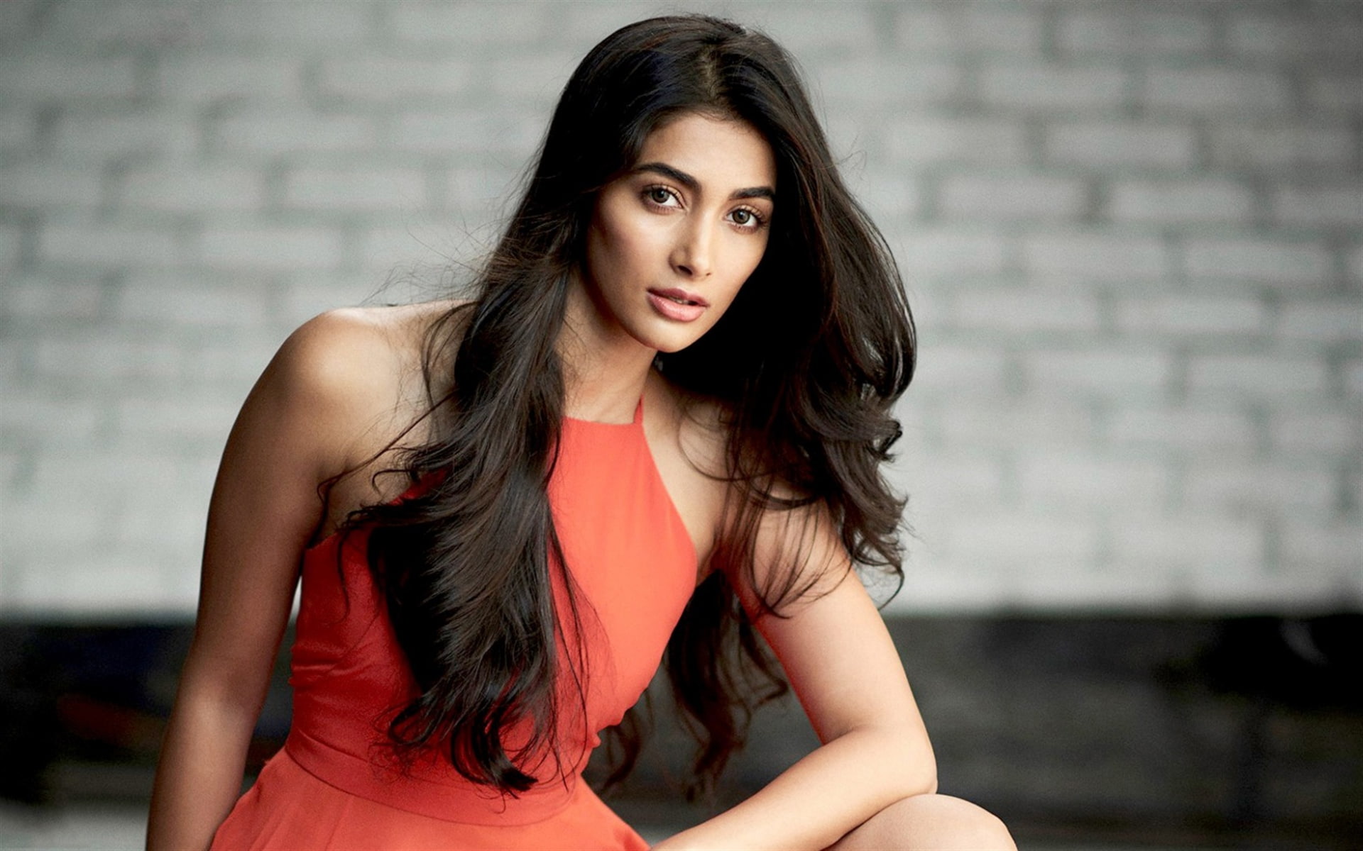 beautiful woman, fashion, red, long hair, hair, women, adult, front view, 1080P, focus on foreground, real people, beauty, pooja, hot, one person, hegde, HD Wallpaper