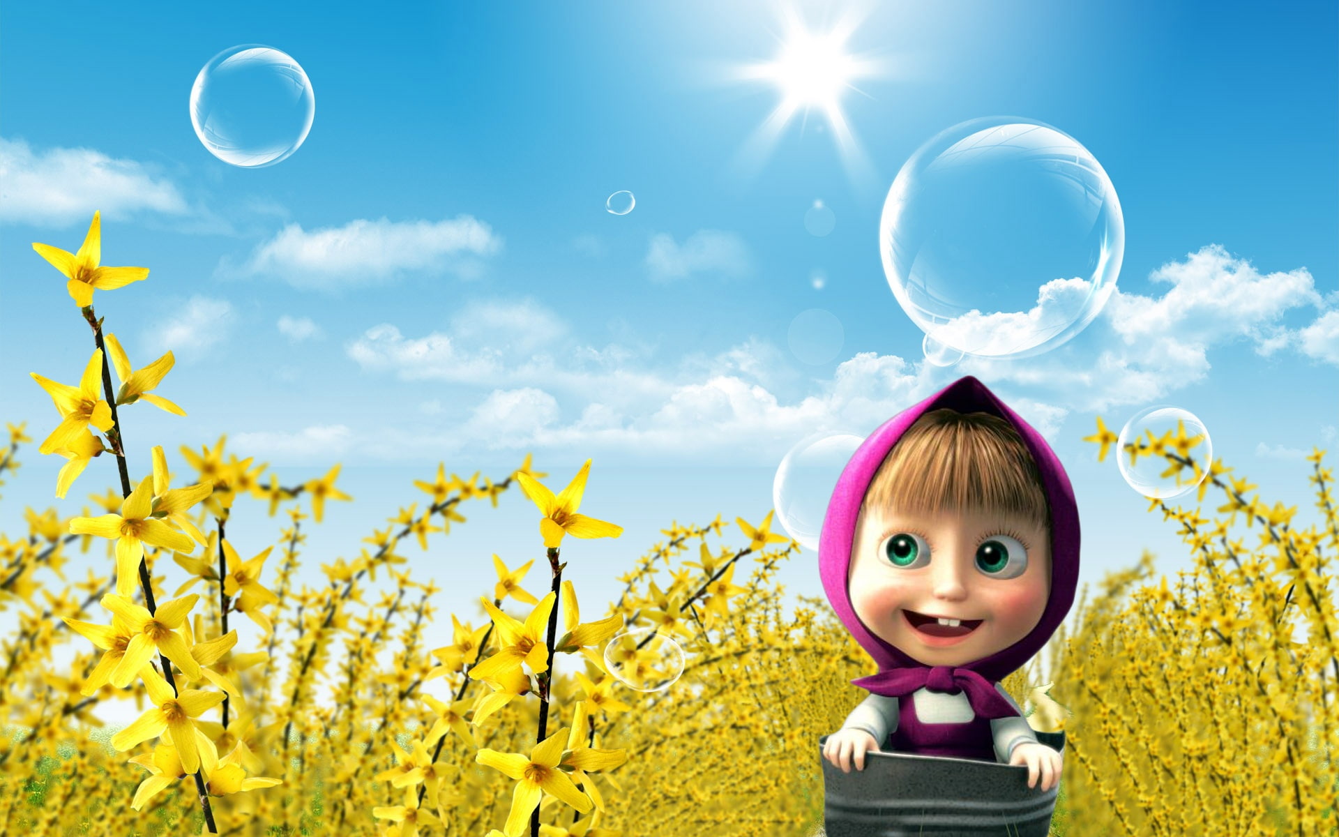 bubbles, bear, sky, 1080P, soap, masha, HD Wallpaper