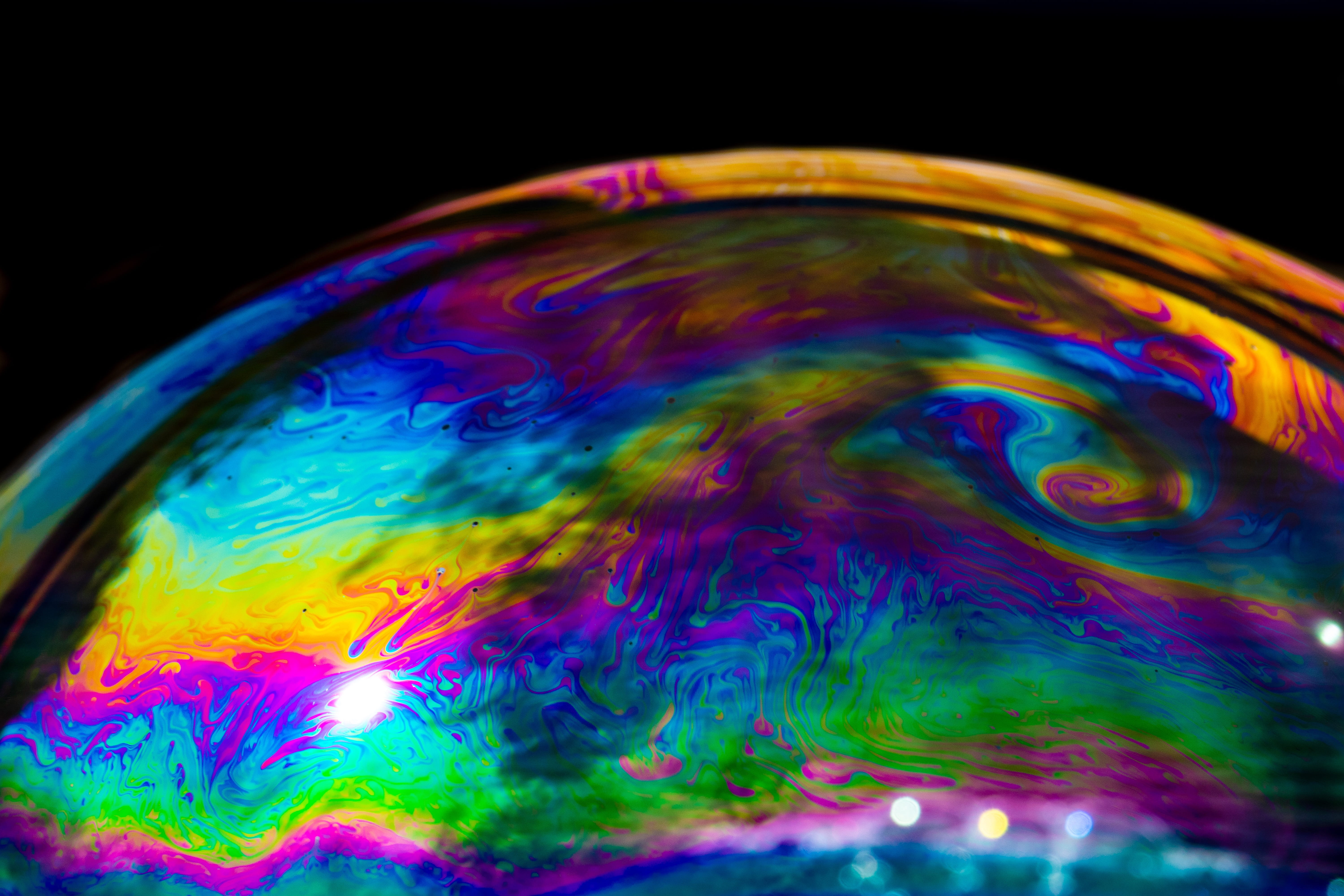 no people, black background, nature, paint, abstract, water, soap bubble, studio shot, backgrounds, vibrant color, reflection, 5K, bubble, multi colored, HD Wallpaper