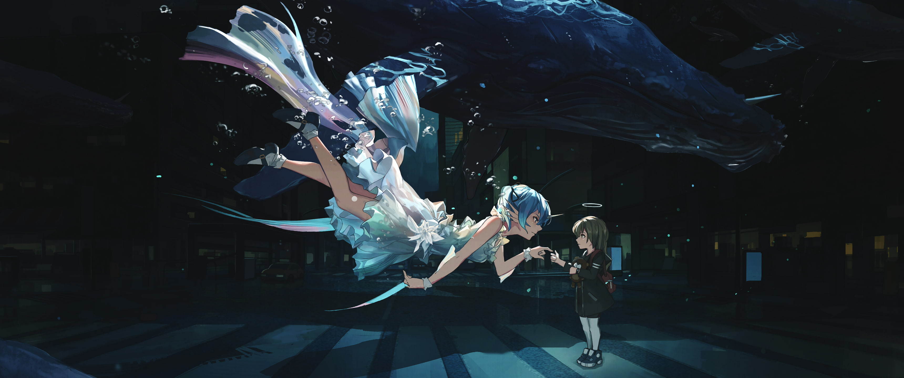 city, Hatsune Miku, whale, ultrawide, underwater, anime, blue whale, 2K, dress, anime girls, HD Wallpaper