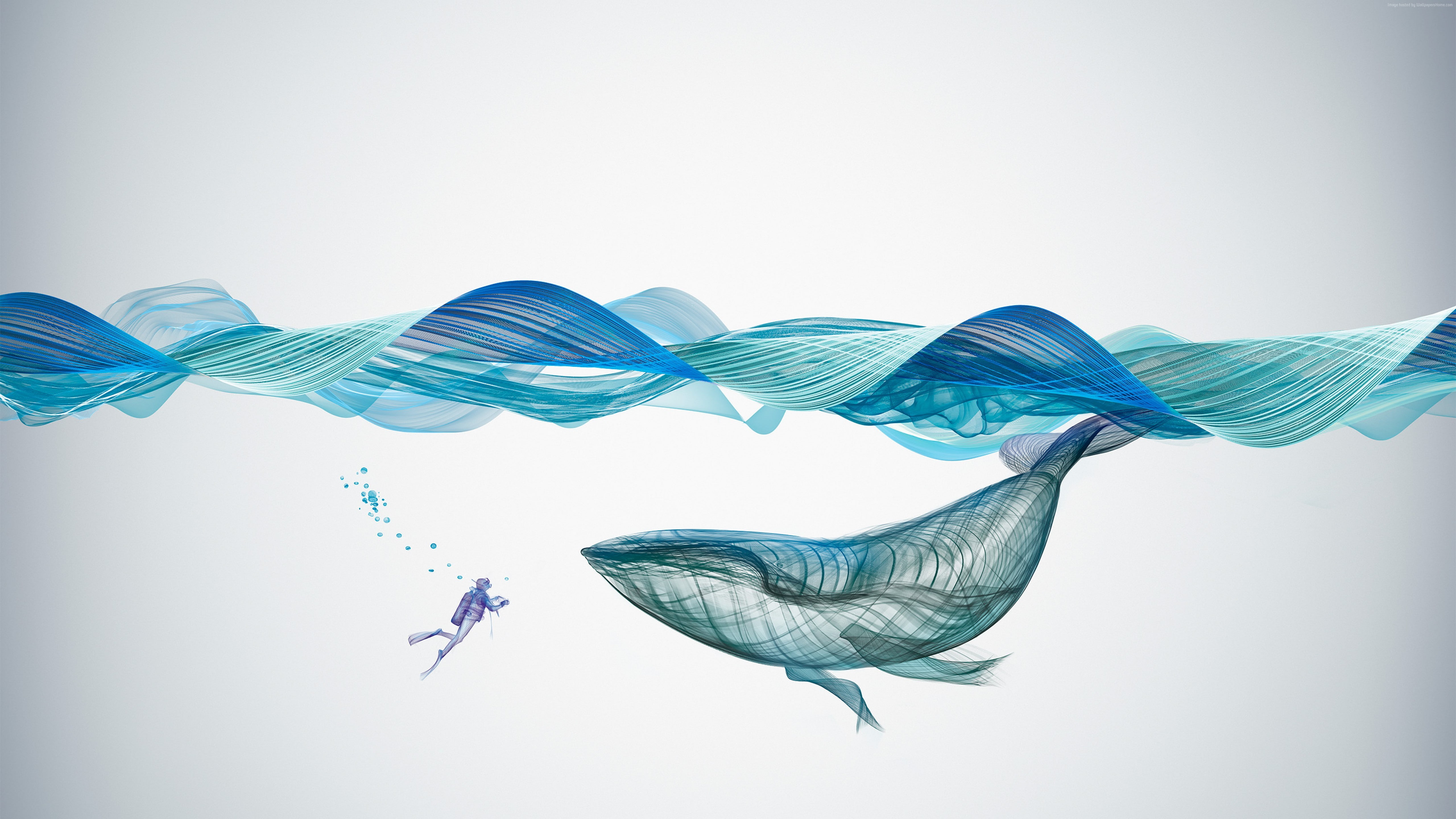 artwork, waves, underwater, 4K, whale, 5K, HD Wallpaper