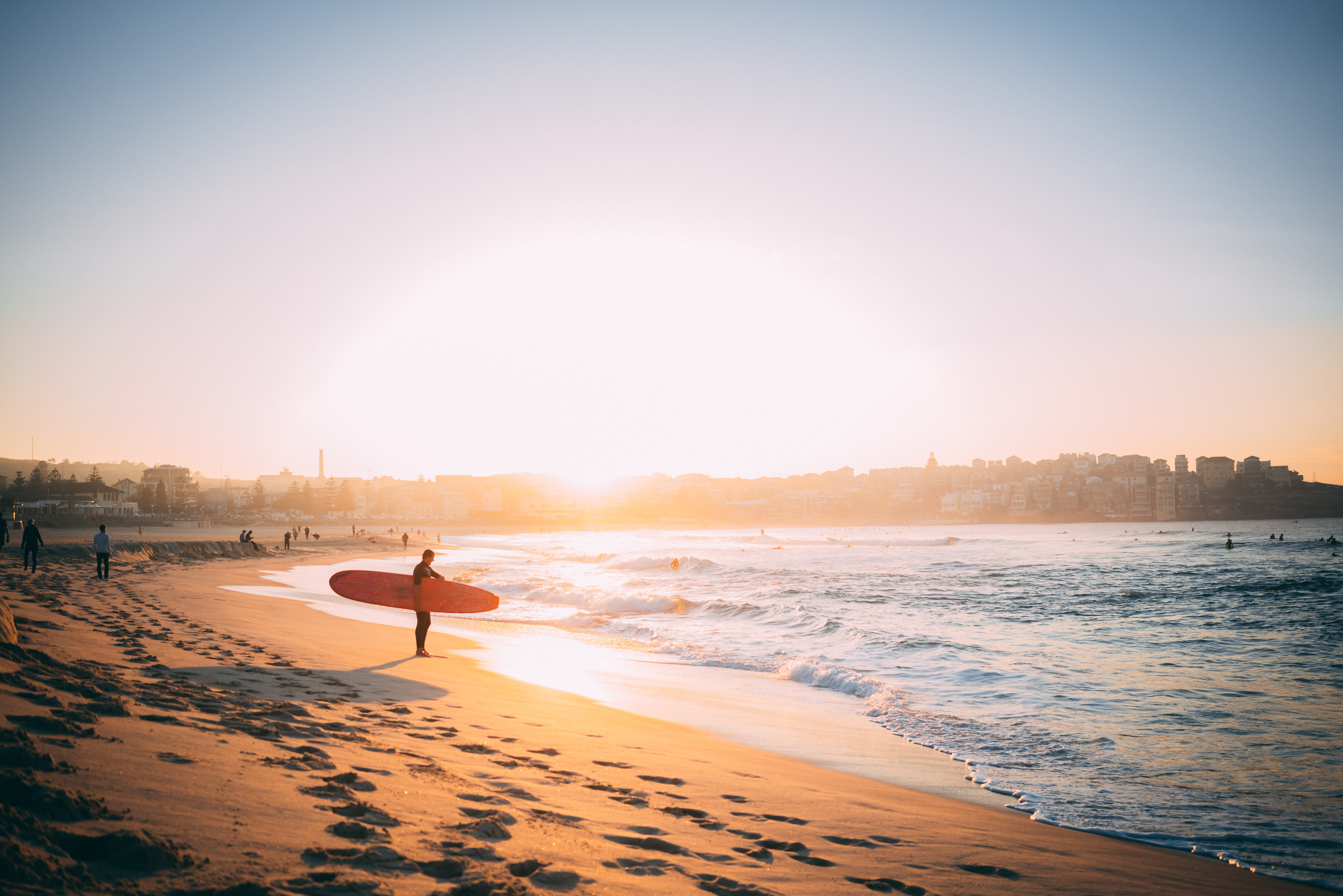 sun, sunset, women, dusk, holiday, sky, sea, shore, australia, cityscape, vacation, sundown, tranquil Scene, people, longboard, travel, summer, beach, sand, HD Wallpaper