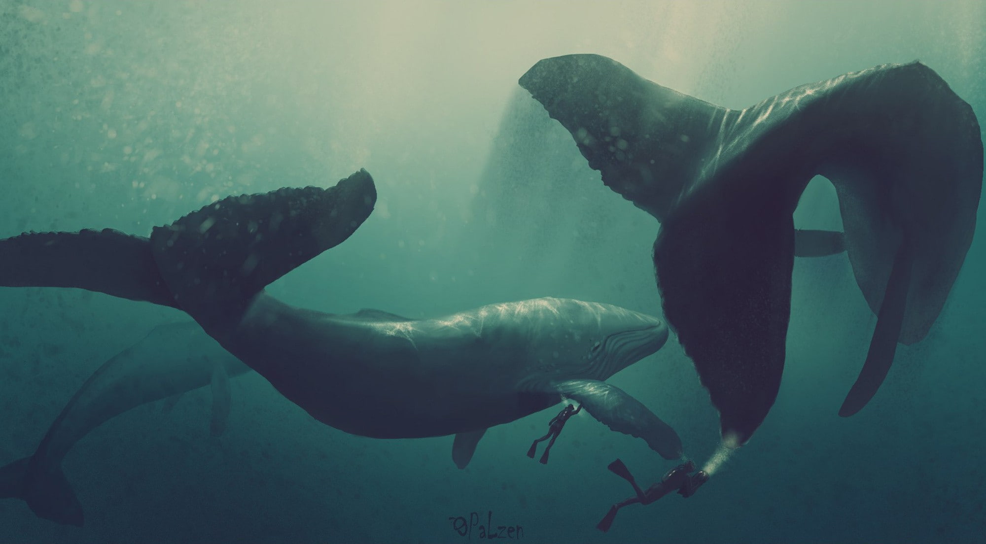 artwork, whale, divers, 1080P, HD Wallpaper