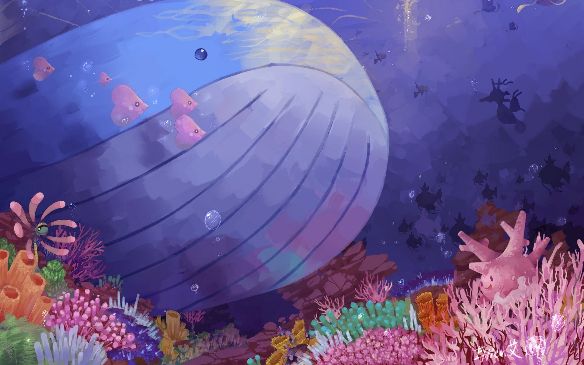 high angle view, water, nature, whale, blue, sea, 1080P, outdoors, no people, pink color, Pokémon, flowering plant, plant, tree, swimming pool, illustration, HD Wallpaper