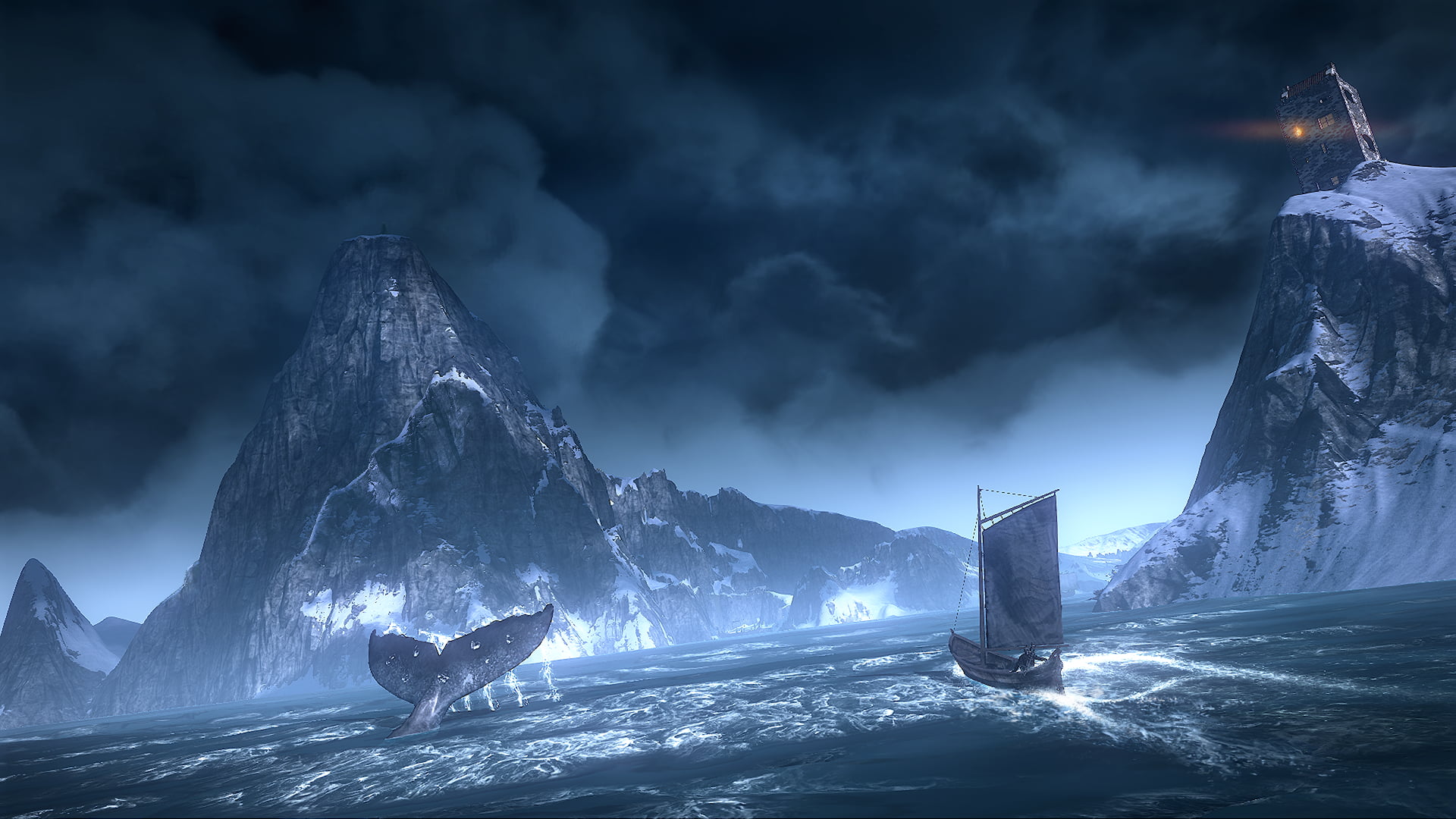 outdoors, snow, illustration, cold temperature, 1080P, winter, mountain, environment, night, beauty in nature, video games, water, storm, snowcapped mountain, HD Wallpaper