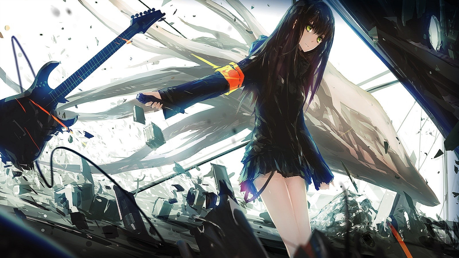 anime, artwork, digital art, 720P, anime girls, skirt, green eyes, long hair, guitar, Shibuya Rin, HD Wallpaper