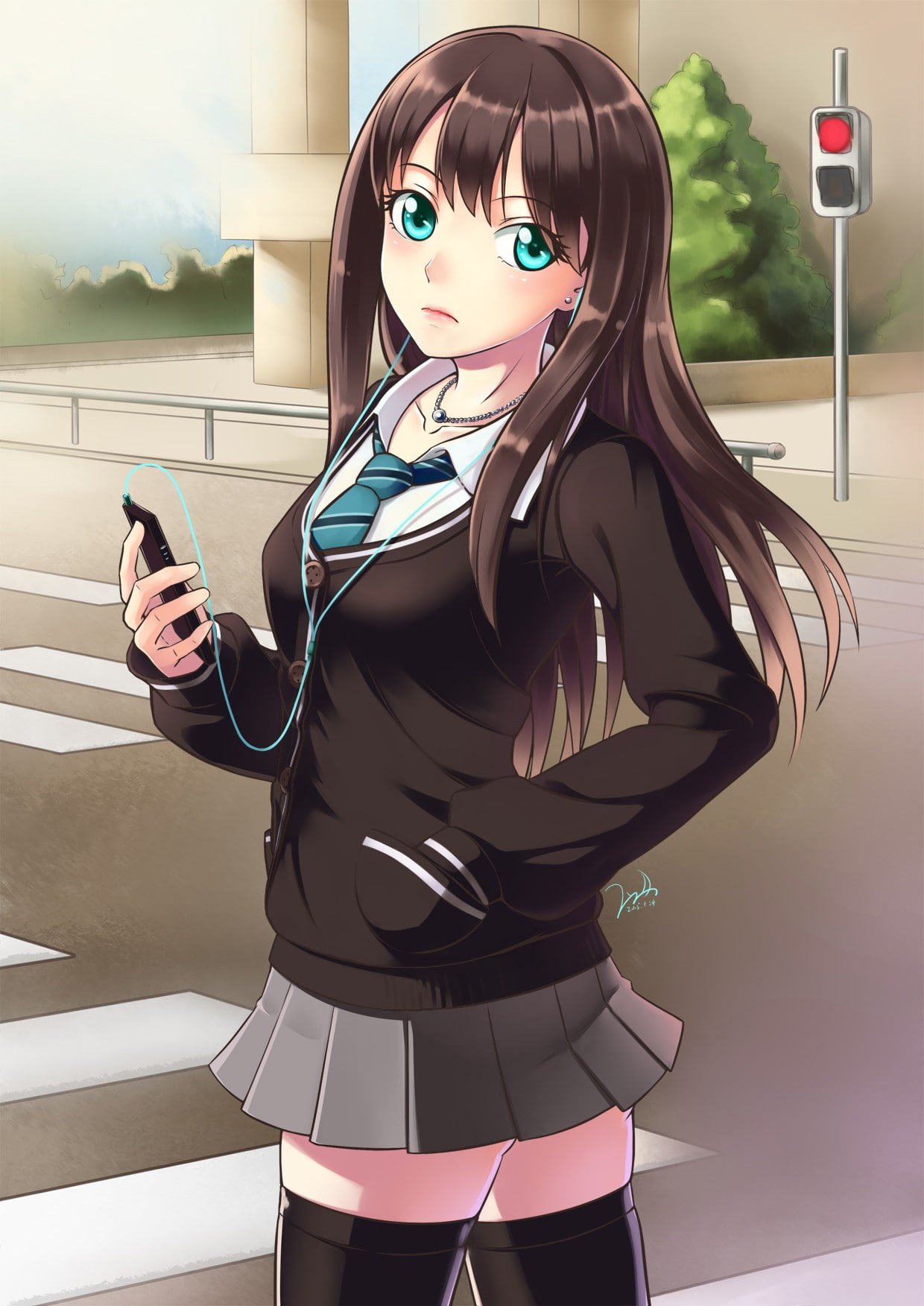 blue eyes, holding, connection, 720P, mobile phone, technology, portable information device, looking at camera, anime, portrait, obscured face, standing, Phone HD Wallpaper