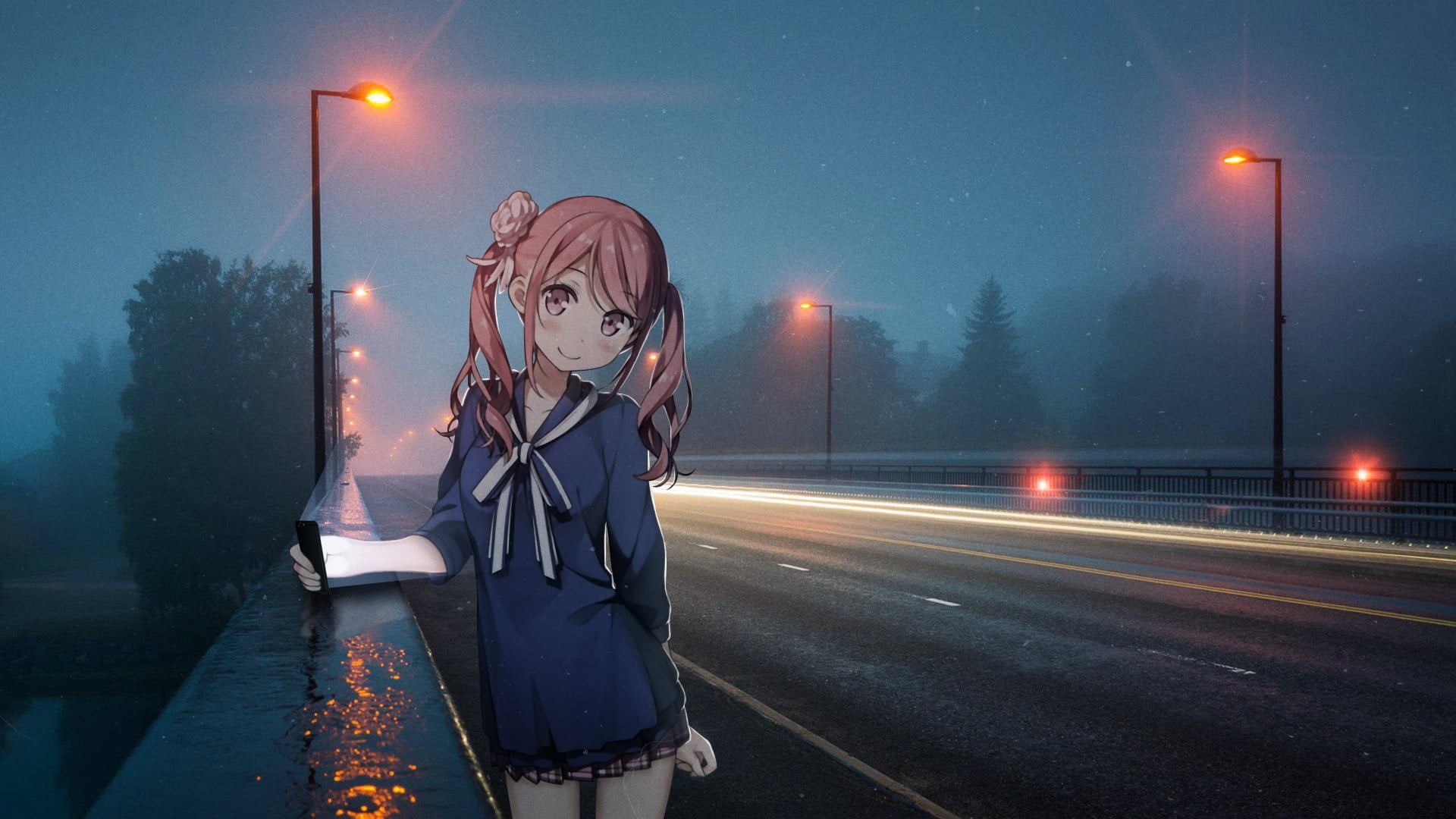 street light, 1080P, anime girls, original characters, Kantoku, Kurumi (Kantoku), HD Wallpaper