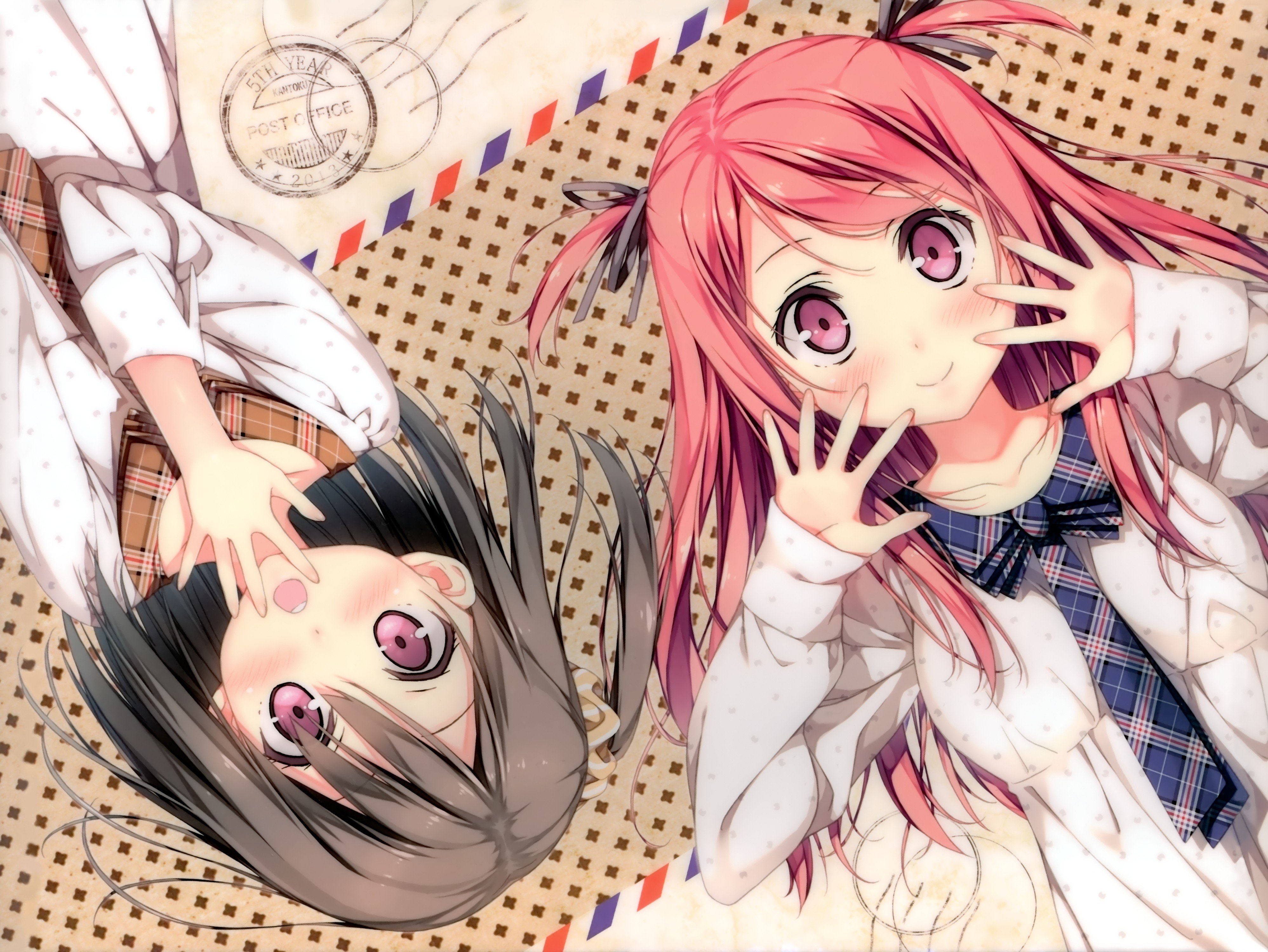 ponytail, blush, twintails, kurumi, scans, eyes, open, kantoku, smiling, artist, bone, side, 4K, bangs, collar, original, ponytails, anime, long, ribbons, HD Wallpaper