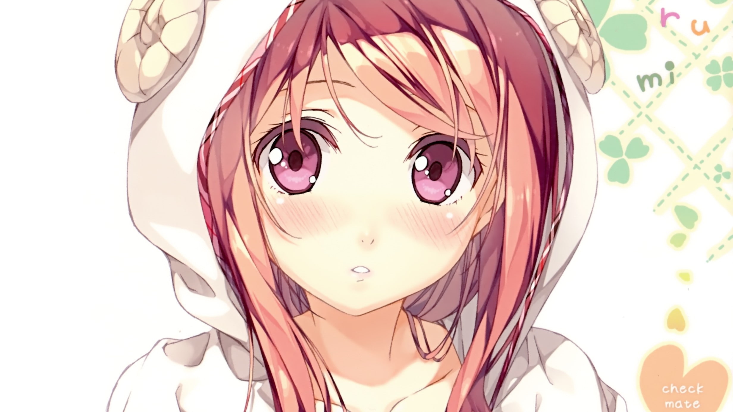 girls, faces, eyes, hoodies, sweatshir, blush, hot, kurumi, hair, artist, anime, brunettes, 1080P, hd, horns, kantoku, red, art, long, HD Wallpaper