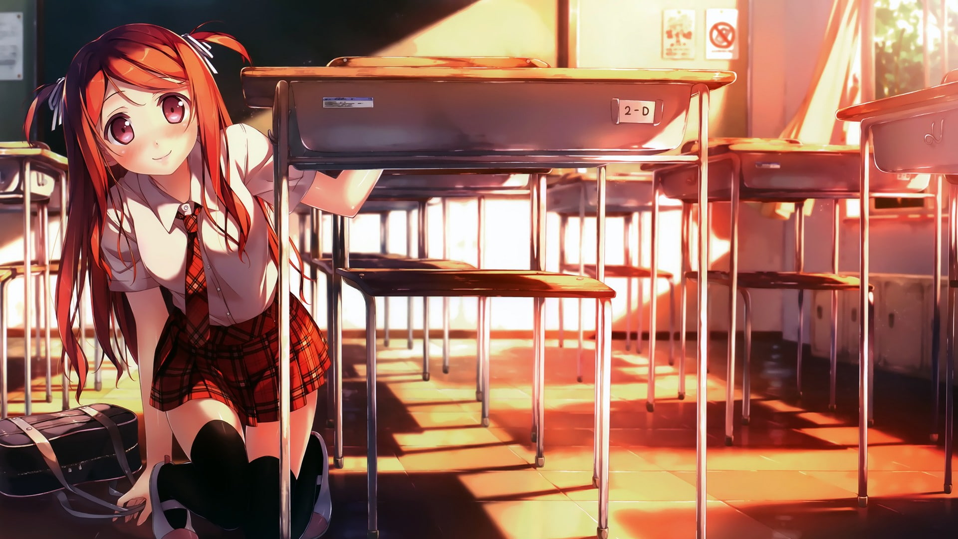 red, eyes, anime, uniforms, kantoku, original, redheads, school, women, 1080P, characters, girls, artist, classroom, kurumi, HD Wallpaper