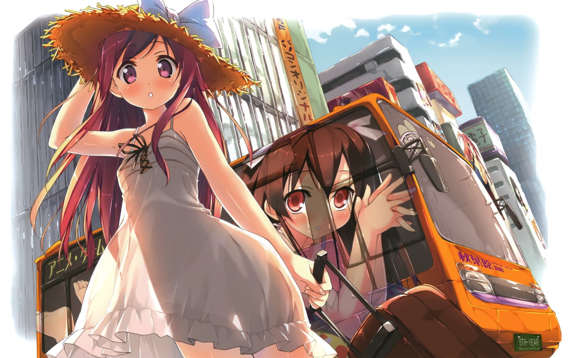 City, Long Hair, 1080P, Original, Ribbon, Brown Hair, Dress, Purple Eyes, Anime, Blush, Hat, Kurumi (Kantoku), HD Wallpaper