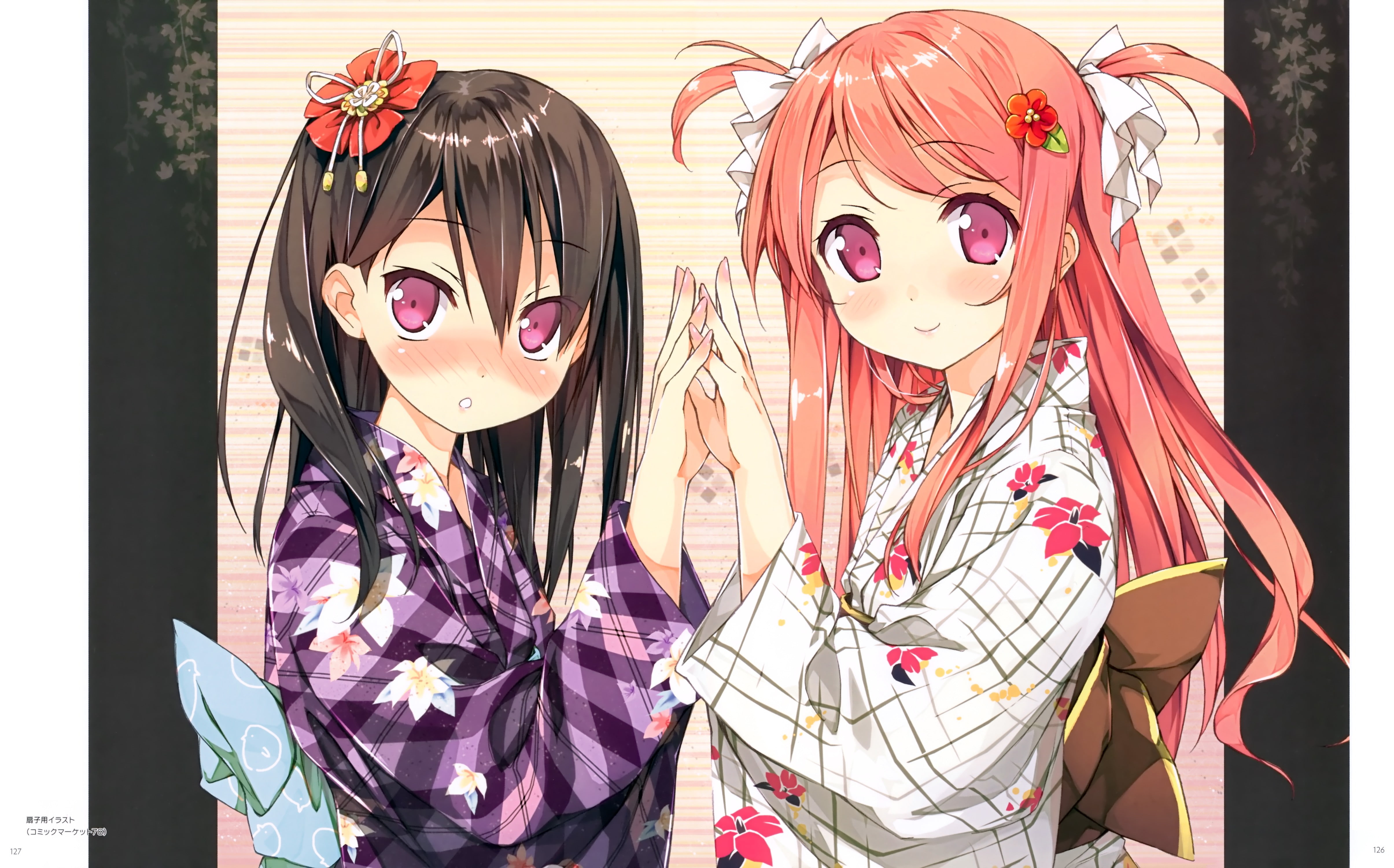 girls, holding, kantoku, artist, twintails, clothes, brunettes, orange, hair, eyes, 4K, blush, kurumi, characters, anime, shizuku, japanese, hands, ornaments, HD Wallpaper