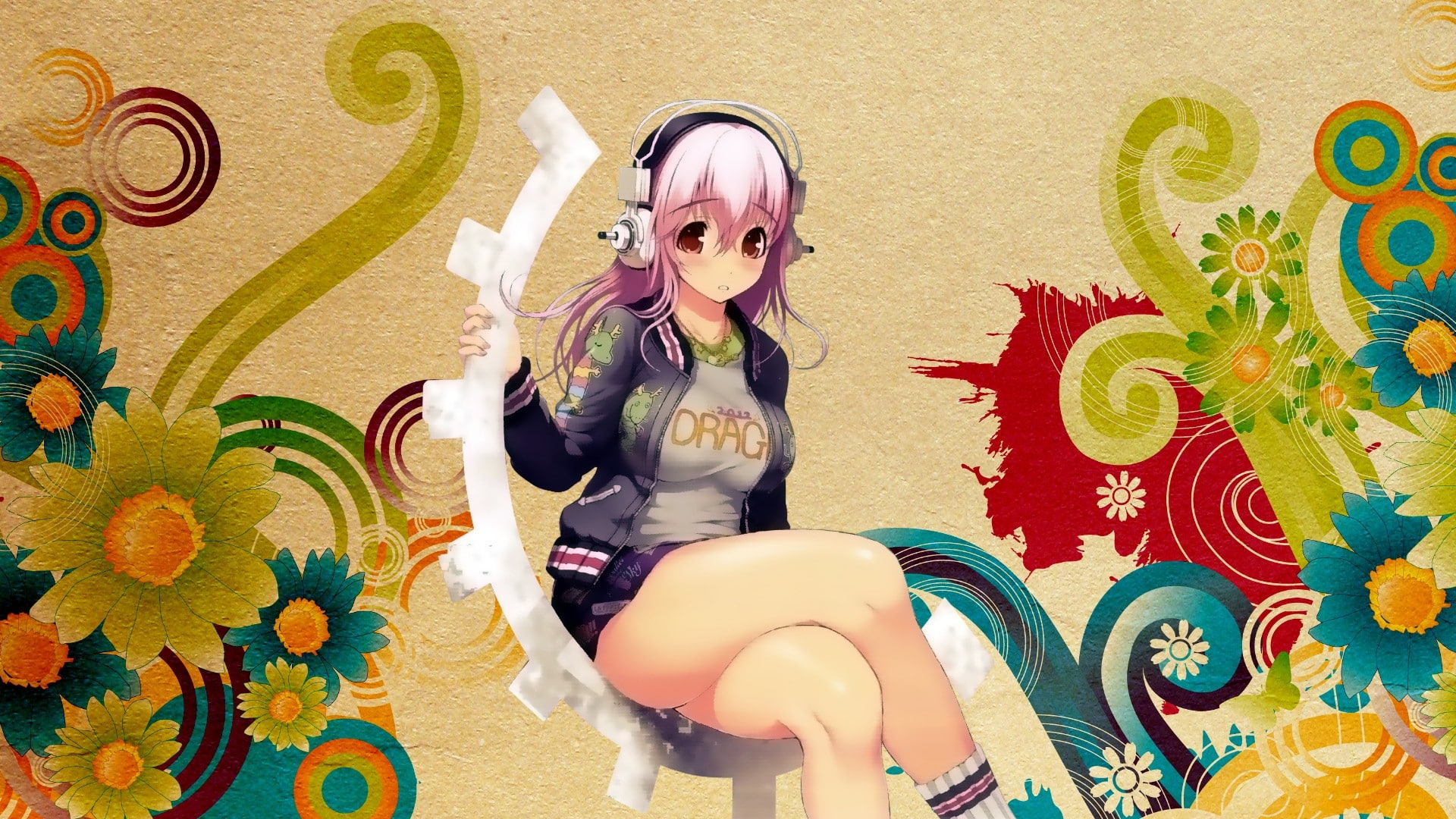 eyes, 1080P, red, socks, sitting, art, pink, Flowers, sonico, girl, hd, hair, blush, nature, son, headphones, nitroplus, super, HD Wallpaper