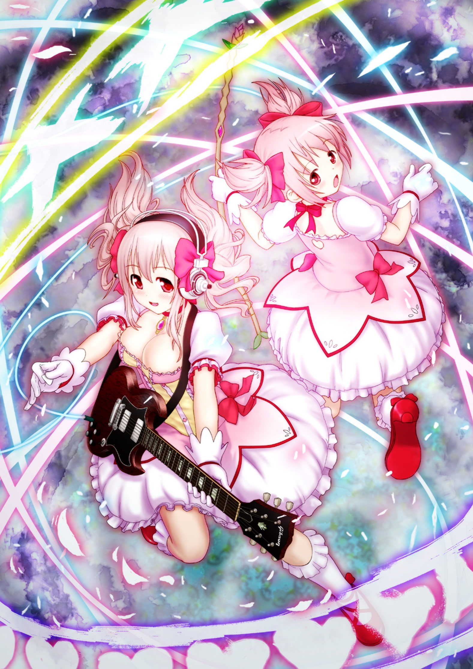 kaname, art, 1080P, madoka, Dress, hd, mahou, pink, anime, shoujo, magica, super, guitars, nitroplus, pink hair, hair, sonico, people, Phone HD Wallpaper