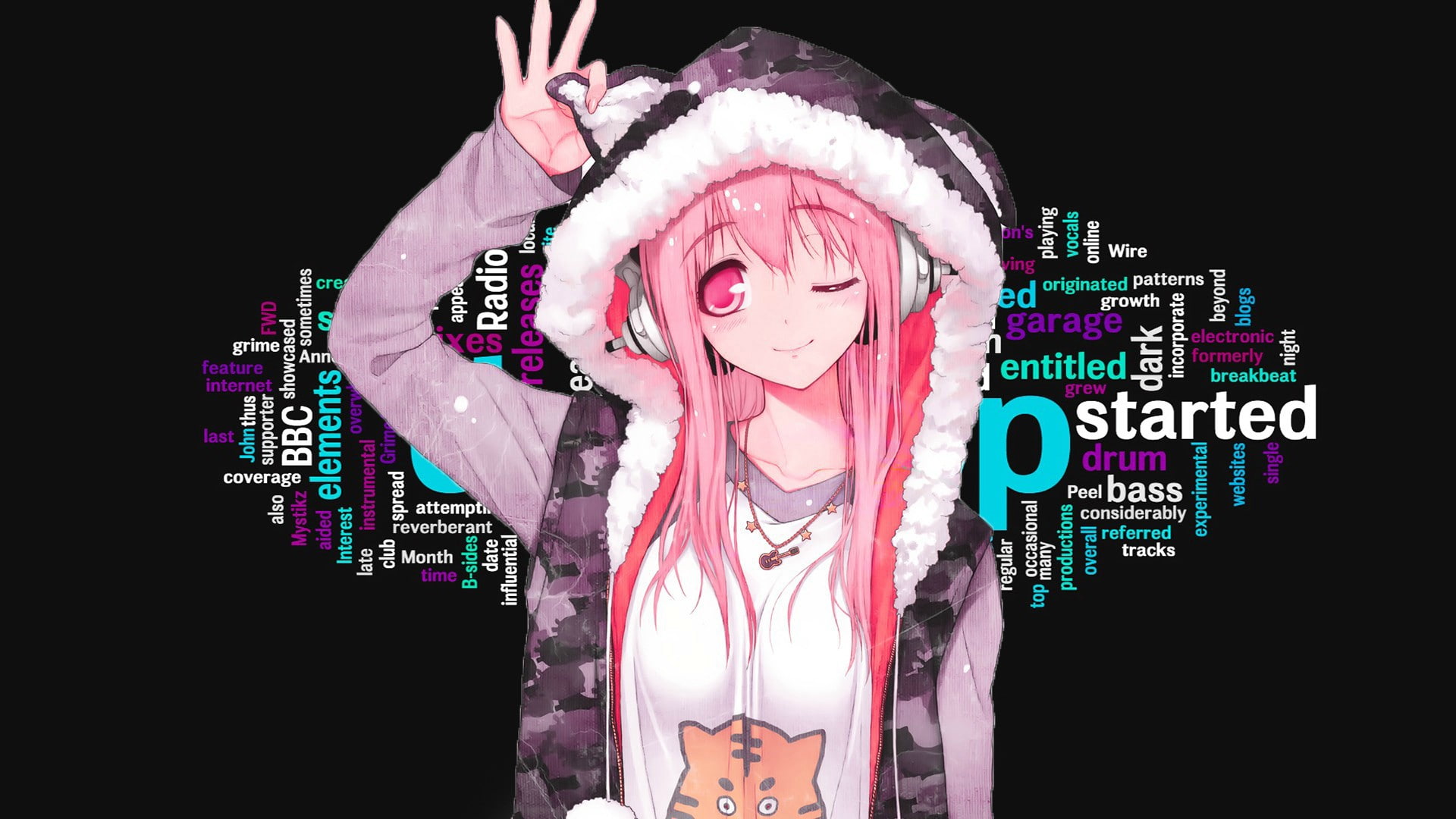 headphones, typography, 1080P, Super Sonico, anime girls, dubstep, HD Wallpaper