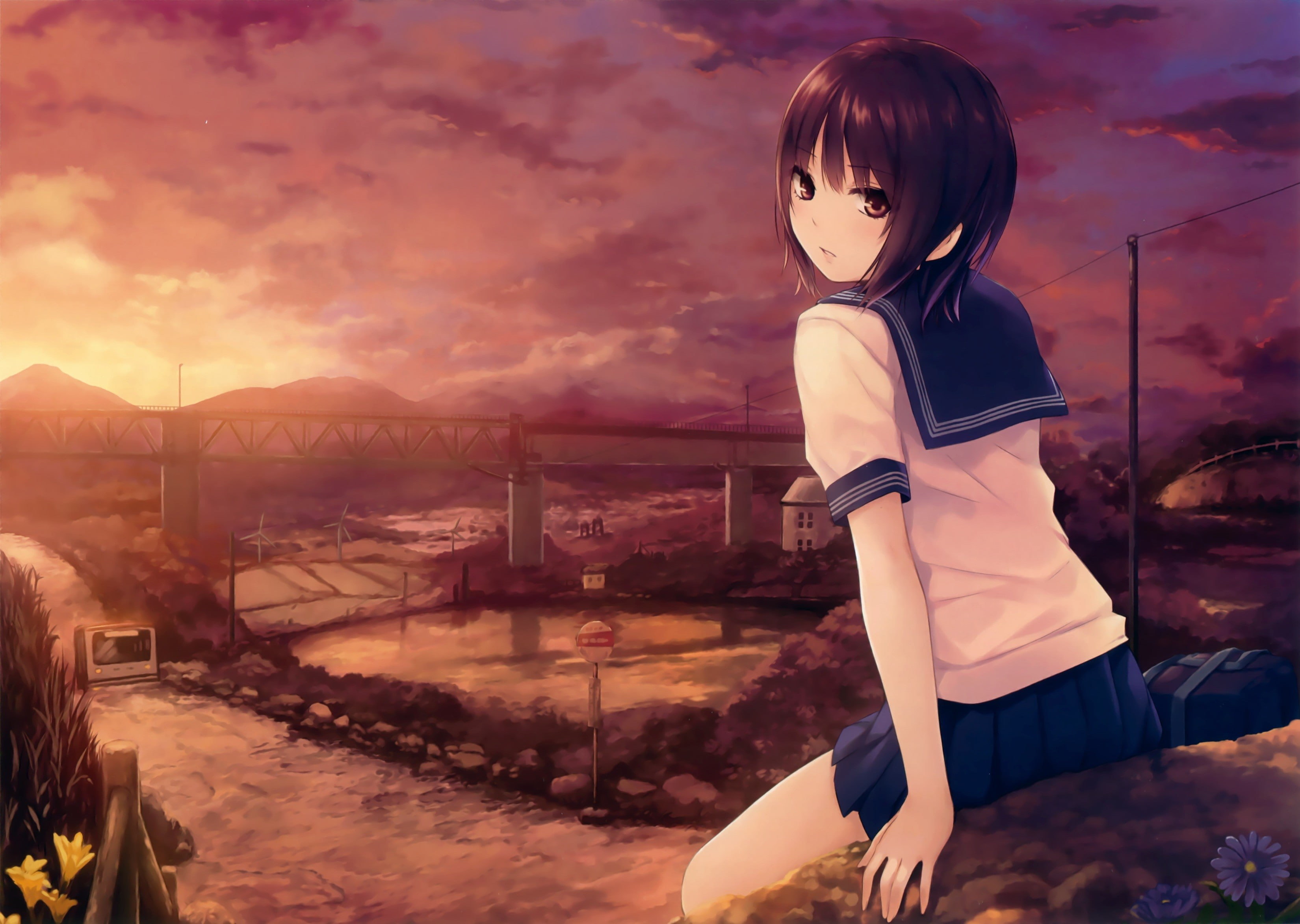 looking, sunset, built structure, short hair, cloud - sky, lifestyles, females, women, hairstyle, 2K, Coffee-Kizoku, standing, beauty in nature, anime girls, HD Wallpaper