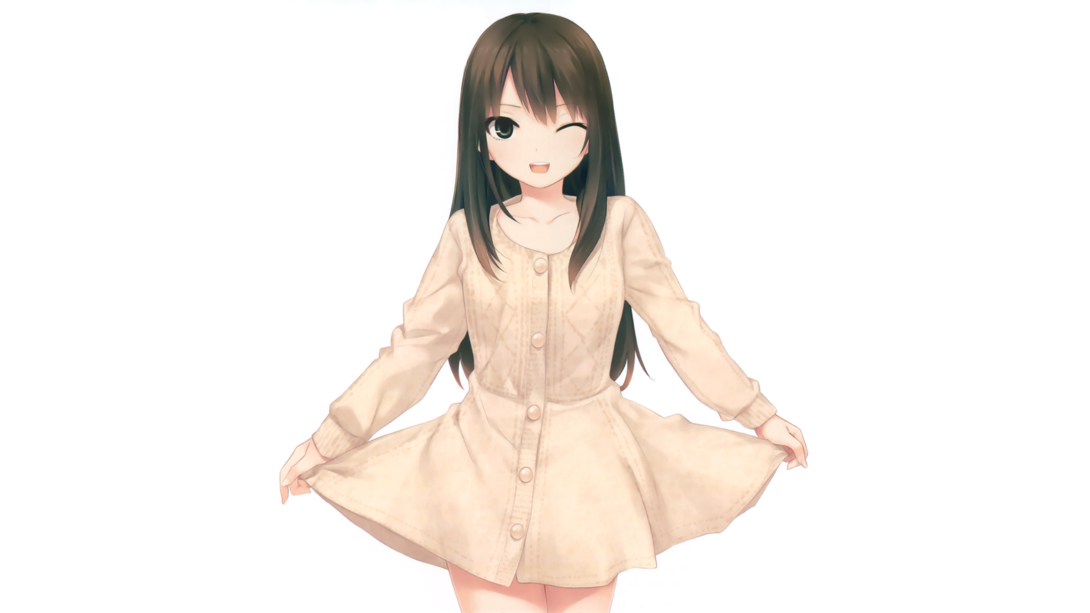 2K, white background, dress, dark hair, anime girls, Coffee-Kizoku, HD Wallpaper