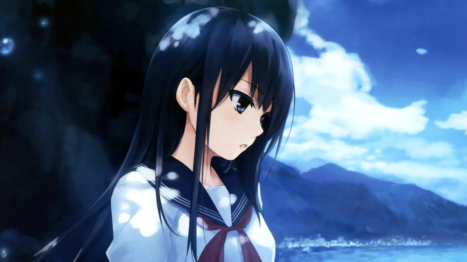 anime girls, bangs, mountains, clouds, blue eyes, open mouth, original characters, school uniform, long hair, sky, looking away, dark hair, 1080P, solo, HD Wallpaper