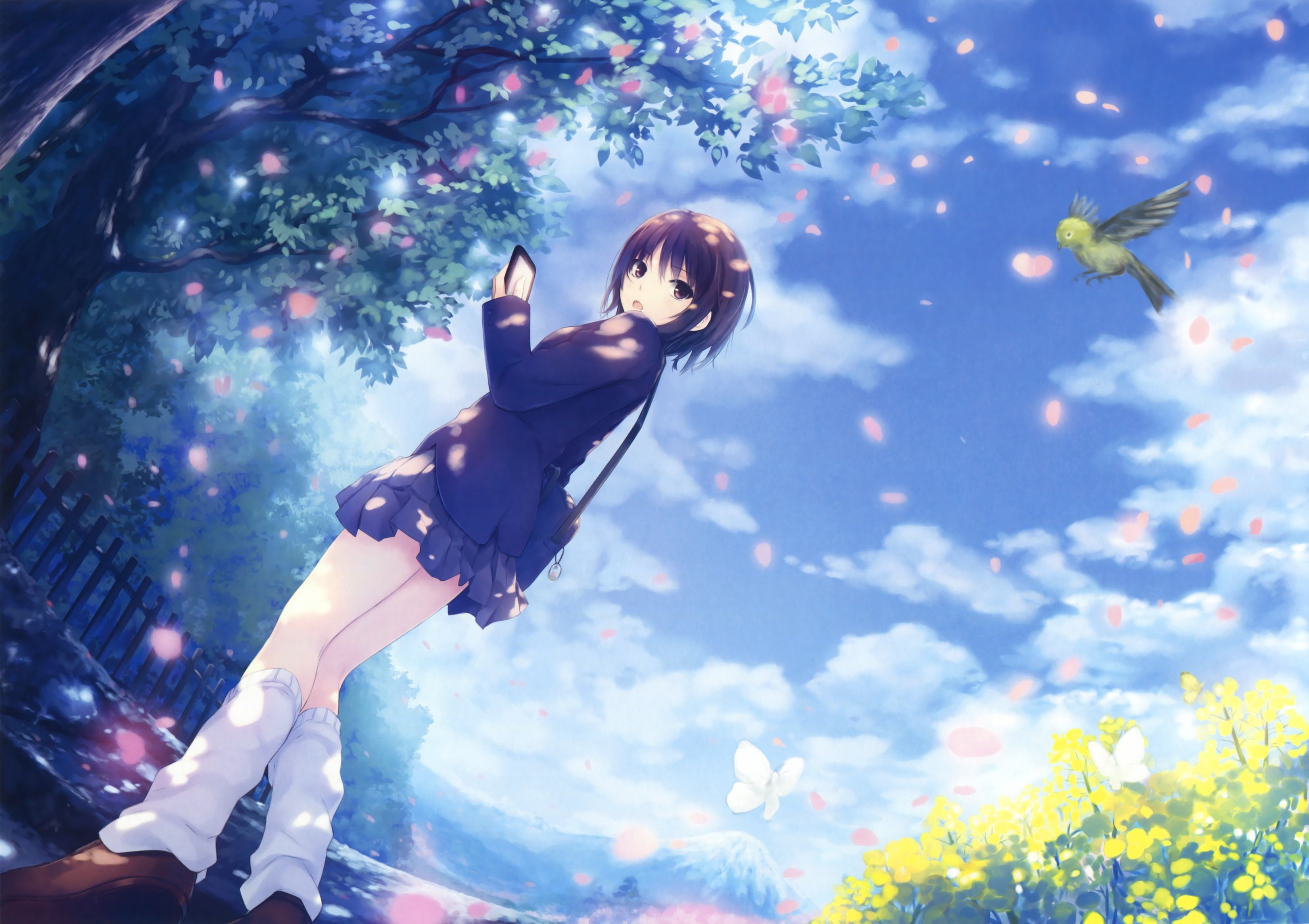 black, 2K, seifuku, hair, original, scan, coffee kizoku, short, animal, bird, HD Wallpaper