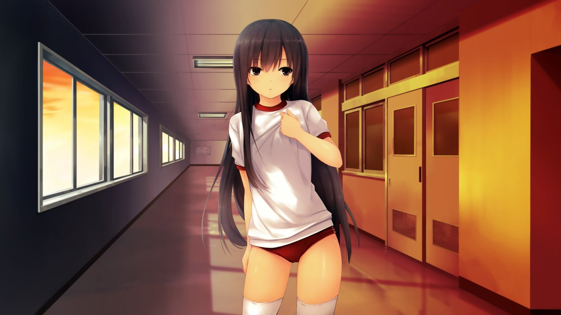 kunimura, sunset, black, girl, scan, wet, uniform, long, white, eyes, hair, blue, gym, coffee-kizoku, photoshop, kotone, 1080P, cure, HD Wallpaper