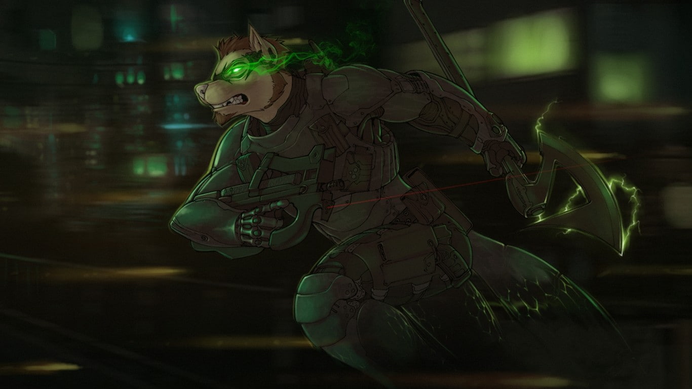 three quarter length, night, spooky, robot, indoors, human representation, furry, axes, 720P, Anthro, FN P90, hair, young women, hairstyle, adult, focus on foreground, HD Wallpaper