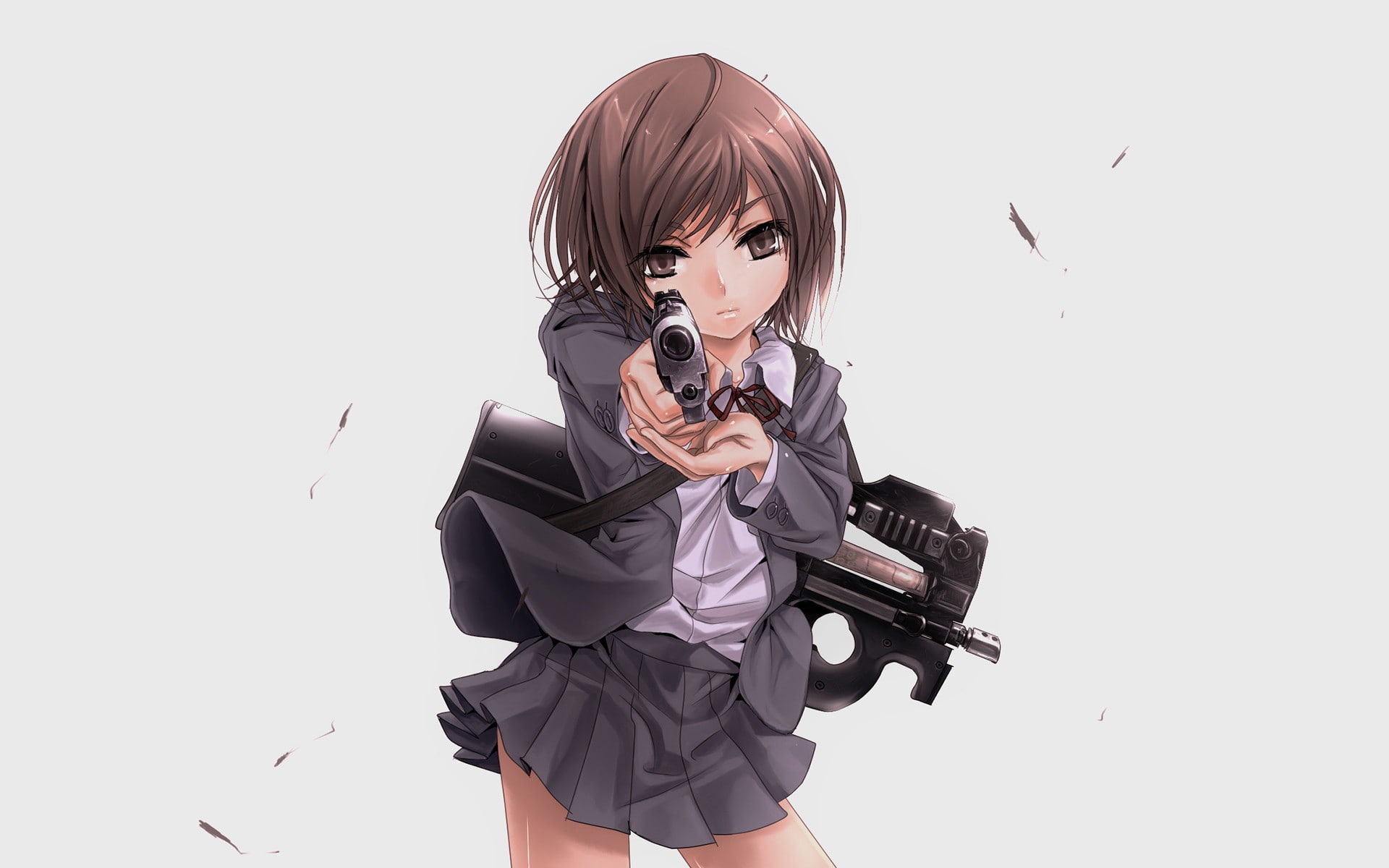 FN P90, 1080P, Henrietta, white background, machine gun, weapon, Gunslinger Girl, gun, skirt, HD Wallpaper